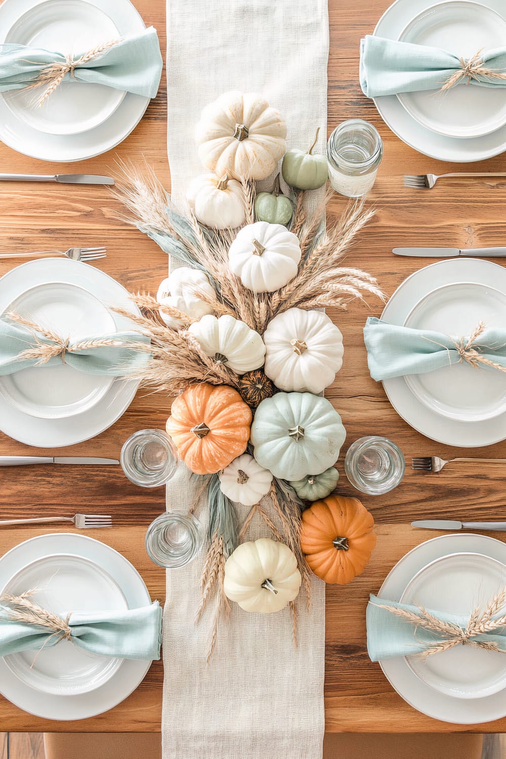 An overhead view of a dining table set for a meal with a fall theme. The table features a wooden surface and is adorned with a light-colored table runner. At the center, there is a decorative arrangement of small pumpkins in white, green, and orange, along with dried wheat and greenery. Each place setting includes white plates and light blue napkins tied with twine and a small piece of wheat. Clear glass cups and silver utensils are placed at each setting.