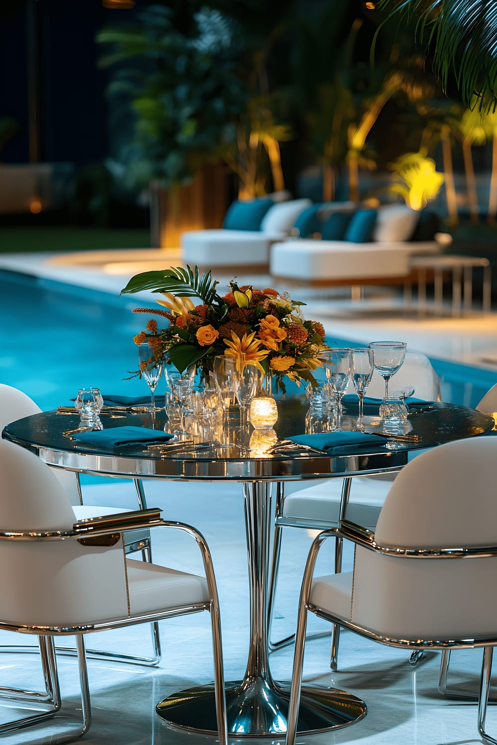 An upscale poolside dining scene with a glass table surrounded by white chairs adorned with vibrant teal cushions, all under gentle evening light. Floral centerpieces grace the table, while a shimmering pool and lush greenery create a serene backdrop.