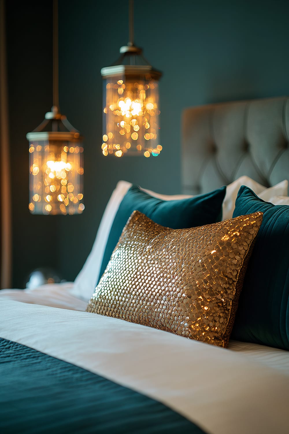 An elegant bedroom with a luxurious bed adorned with teal and gold pillows. Two sparkling crystal lanterns are hanging from the ceiling, emitting a soft, ambient glow. The bed has a rich teal blanket and gold sequined pillow, with a tufted headboard in the background.