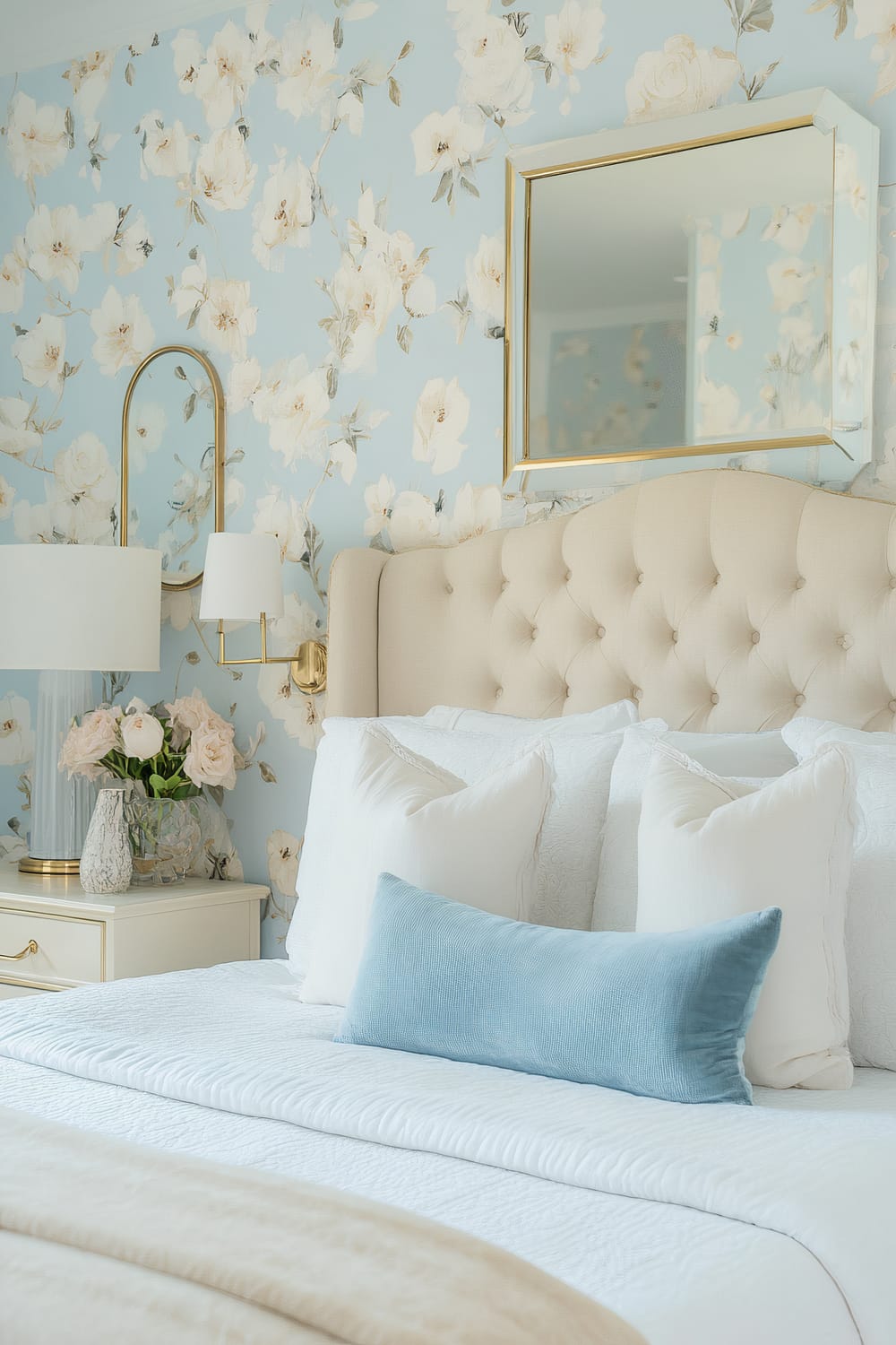 A serene bedroom featuring a light blue floral-patterned wallpaper adorned with white flowers. The center of the scene is a tufted beige headboard, complemented by white and light blue pillows adorning a white bedspread. To the left of the bed, a bedside table holds a white lamp with a cylindrical shape and a vase with pink roses. Above the headboard, a contemporary gold-framed mirror enhances the room's elegance.