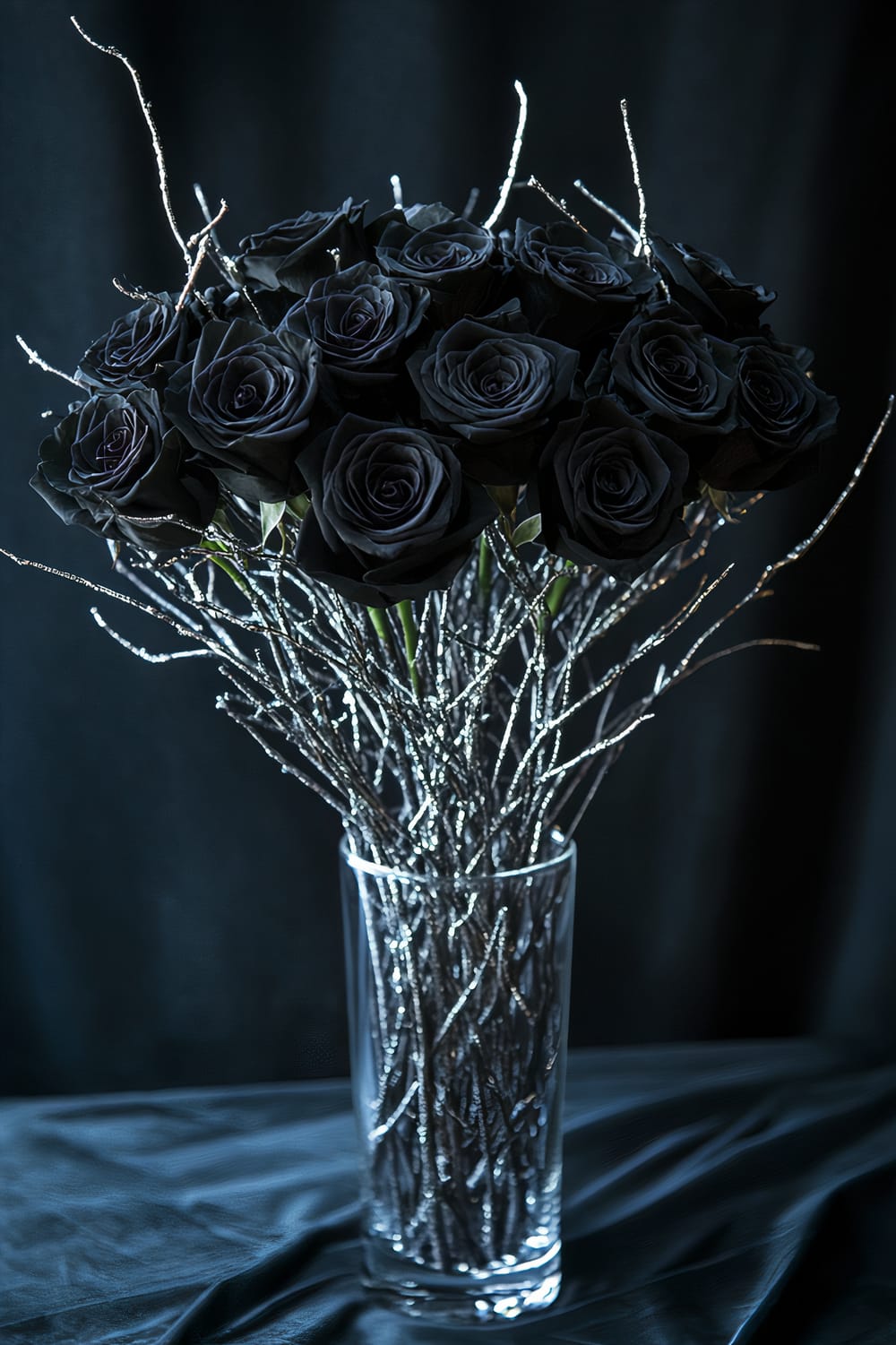 A Halloween centerpiece featuring black roses and silver branches arranged in a tall, clear glass vase. The black roses create a dramatic contrast with the silver branches, and the entire arrangement is highlighted against a dark background, emphasizing the rich dark hues and dramatic shadows.