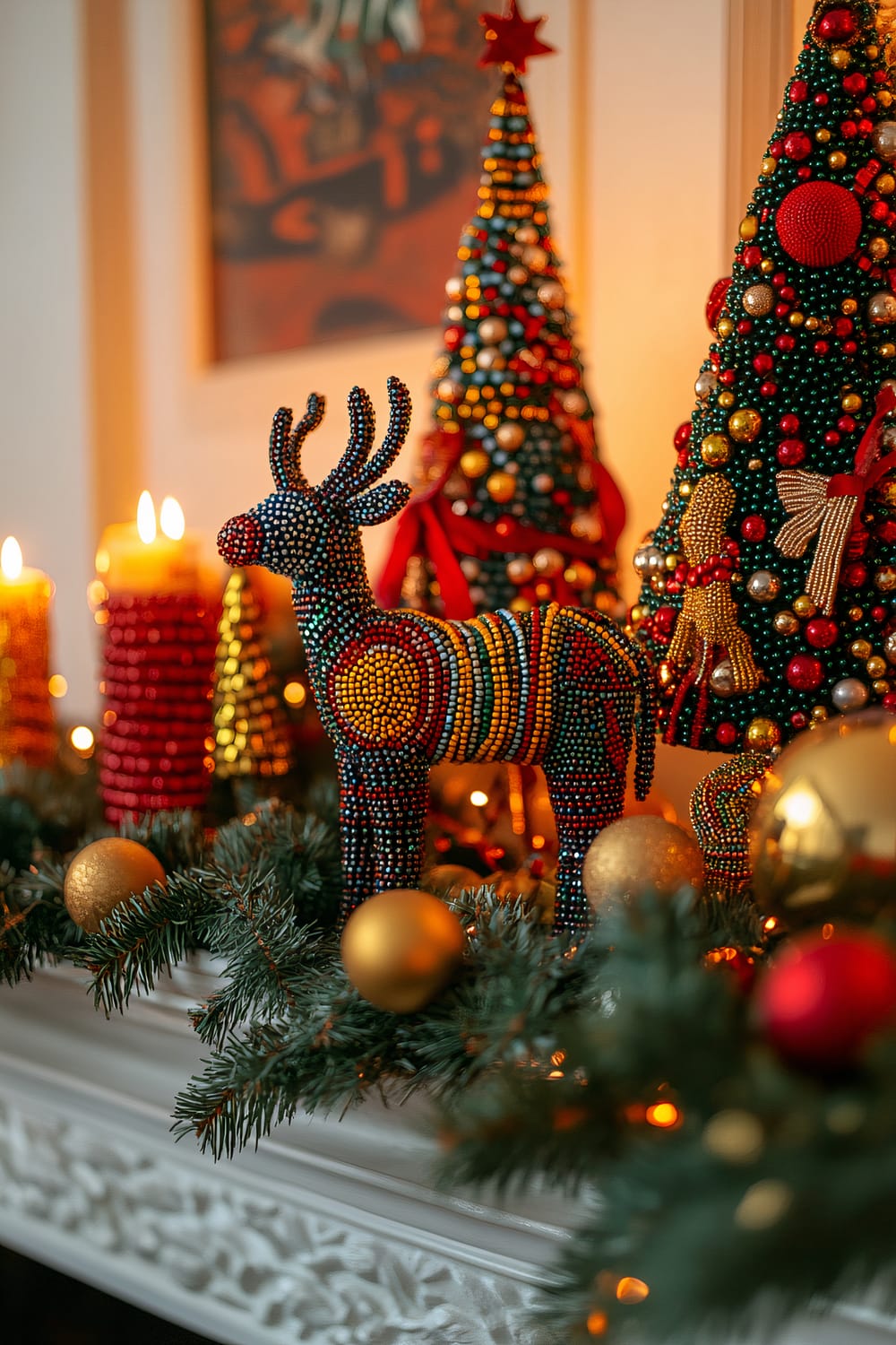 A festive mantelpiece adorned with Christmas decorations, including a beaded reindeer figure, lit candles, ornament-studded Christmas trees, and various garlands with gold and red baubles. The setting exudes a warm, holiday atmosphere.