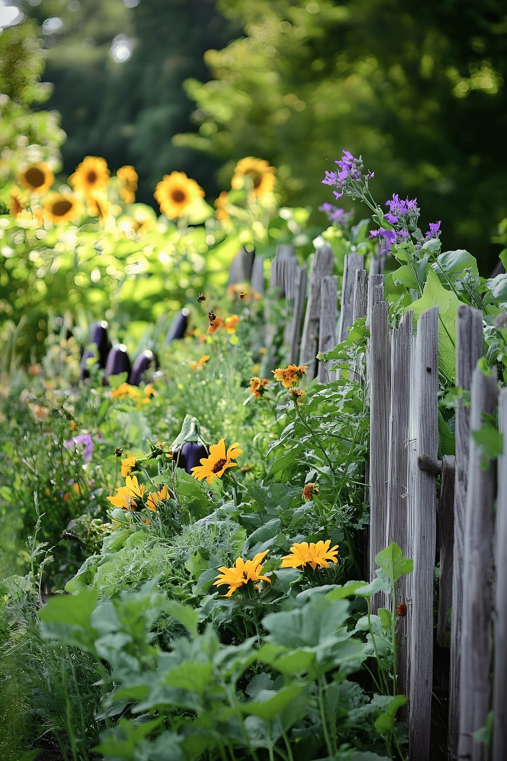 A lush, semi-wild vegetable garden teeming with life. Yellow squash blossoms spill over a wooden fence, deep purple eggplants sit nestled between feathery asparagus fronds, and tall sunflowers stand regally in the background. Bees and butterflies busy themselves among the vegetation, adding to the vibrant and naturalistic scenery.