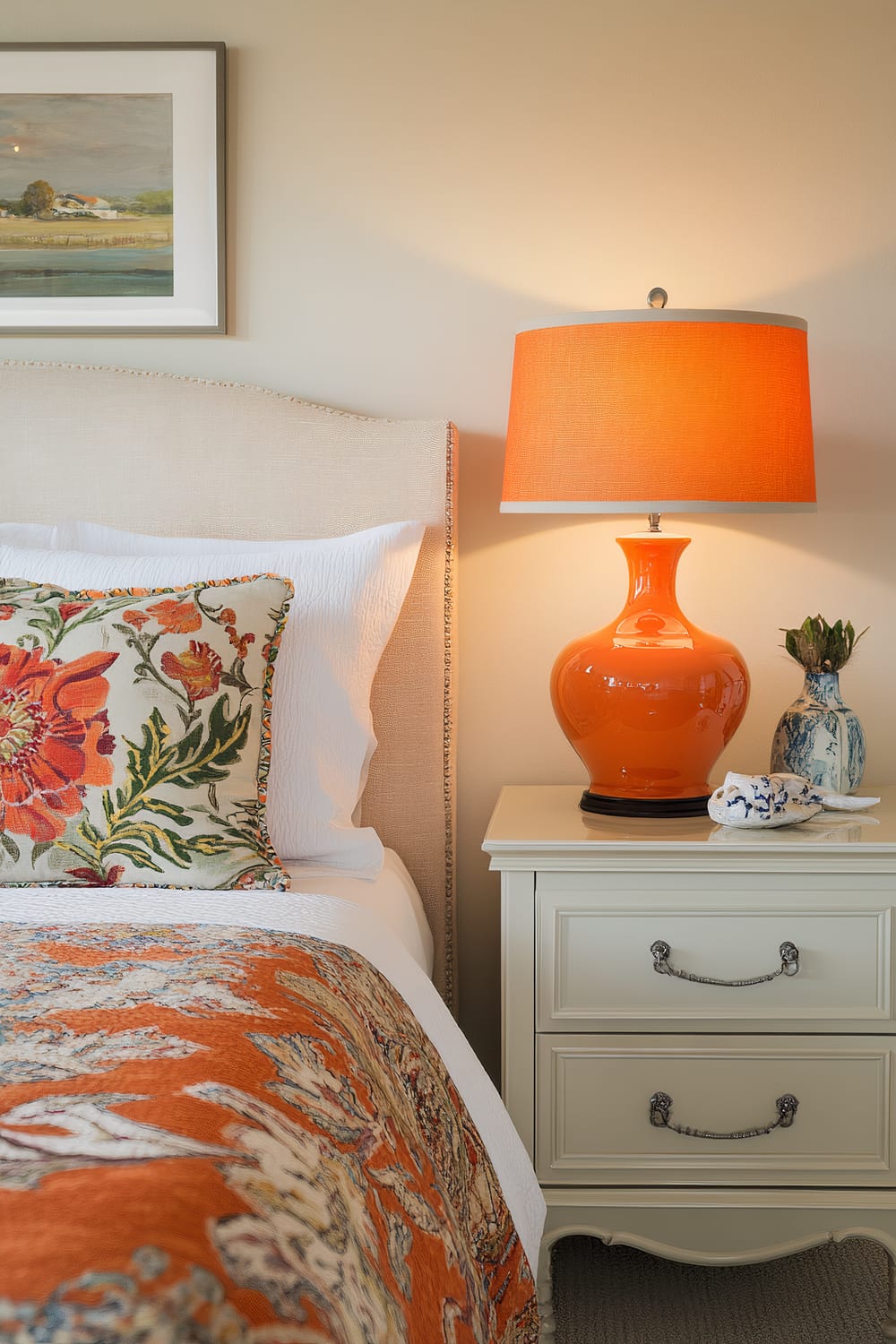 A bedroom scene featuring a beige upholstered headboard, vibrant floral bedding in orange tones, and a nightstand with a bold orange lamp. A floral throw pillow and bedspread complement the lamp. Beside the lamp on the nightstand are a small blue and white vase with a plant and a blue and white ceramic knick-knack. A framed landscape painting hangs on the beige wall above the headboard.