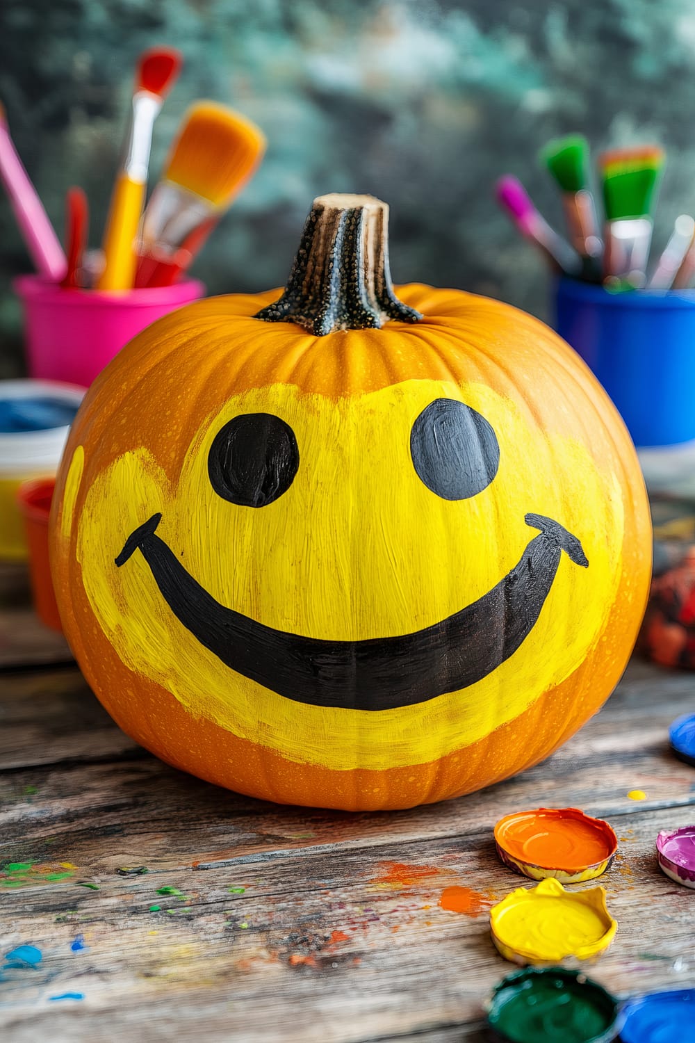 A pumpkin is painted with a bright yellow smiley face, featuring black eyes and a black, wide smiling mouth. It sits on a wooden surface with paint containers and an assortment of paintbrushes in the background.