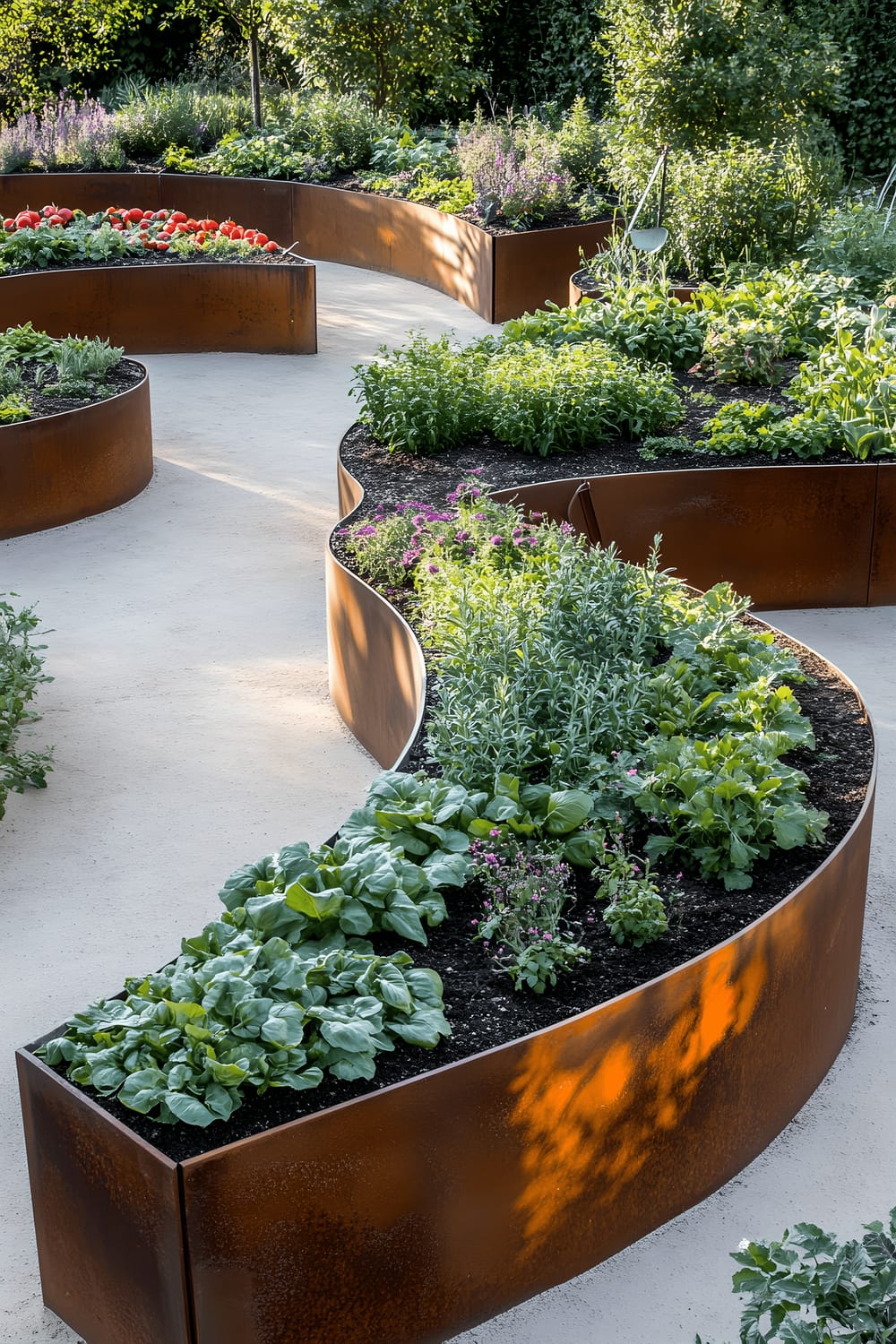 A contemporary vegetable and herb garden with raised wooden beds filled with vibrant green herbs like basil, rosemary, and thyme, and colorful vegetables such as cherry tomatoes and bell peppers. The garden also includes neatly arranged minimalist black metal tools and a modern white watering system, all bathed in bright natural daylight.