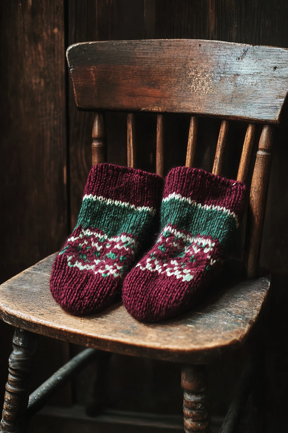 A pair of hand-knitted mittens in rich burgundy and emerald green, featuring intricate patterns, are elegantly draped over a rustic wooden chair. The chair, with its weathered wood and simple design, is illuminated by soft natural light from a nearby window, creating a warm and inviting ambiance.