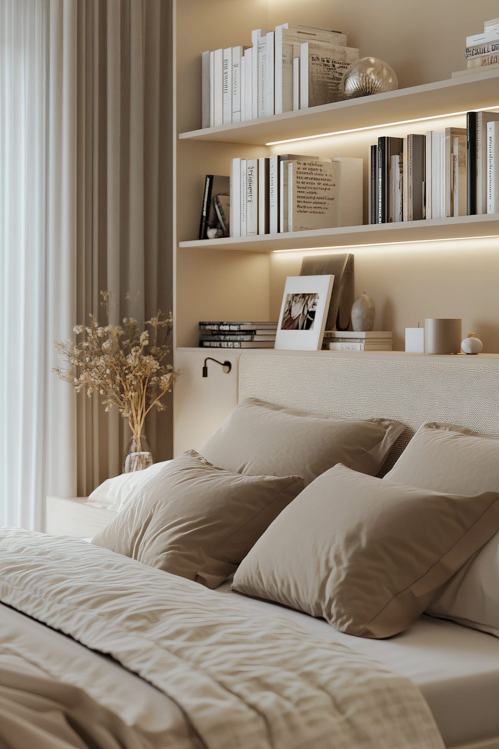 A modern bedroom with beige and neutral tones featuring a bed with minimalist bedding and multiple pillows. Above the bed, there is a built-in shelf displaying a curated selection of books and decor items. Soft and natural lighting enhances the inviting atmosphere, and a glass vase with dried flowers is placed on the bedside table next to beige curtains.