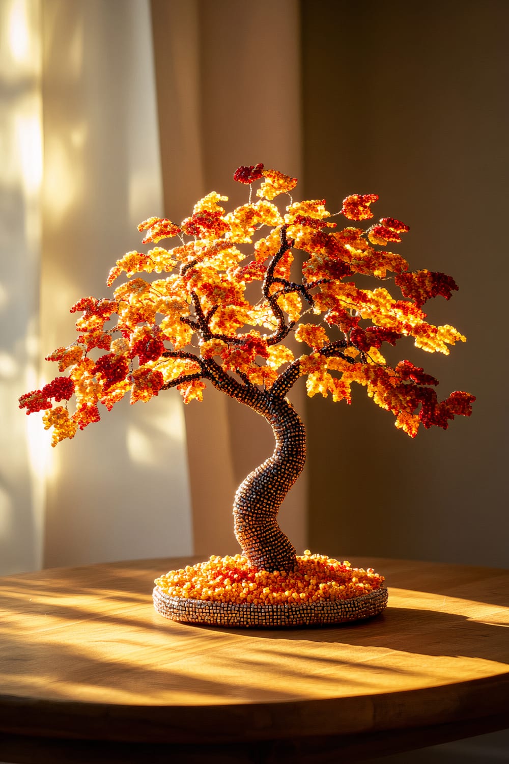 A rustic wooden coffee table adorned with a beaded tree figurine displaying vibrant fall leaves. The warm spotlight highlights the intricate beadwork of the tree, which has red, orange, and yellow leaves, against a simple and softly blurred backdrop. The figurine is placed on a round bead-covered base that mimics a bed of fallen leaves.