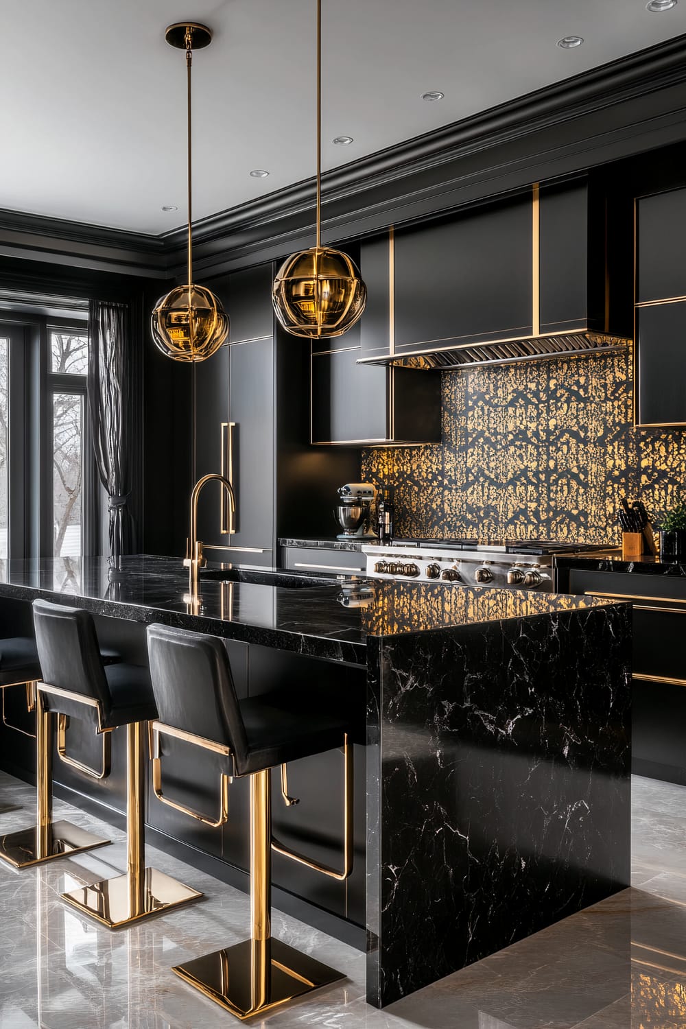 A sleek, modern kitchen featuring high-contrast black and gold elements. The space includes a black marble island with white veining, accompanied by two luxurious bar chairs with black upholstery and gold frames. Above the island hang two spherical pendant lights with gold accents, adding to the opulent atmosphere. The back wall showcases black cabinetry with gold handles, as well as an intricate black and gold backsplash that ties the design together. Large windows on the left allow natural light to brighten the space, enhancing the glossy finishes and reflective surfaces.