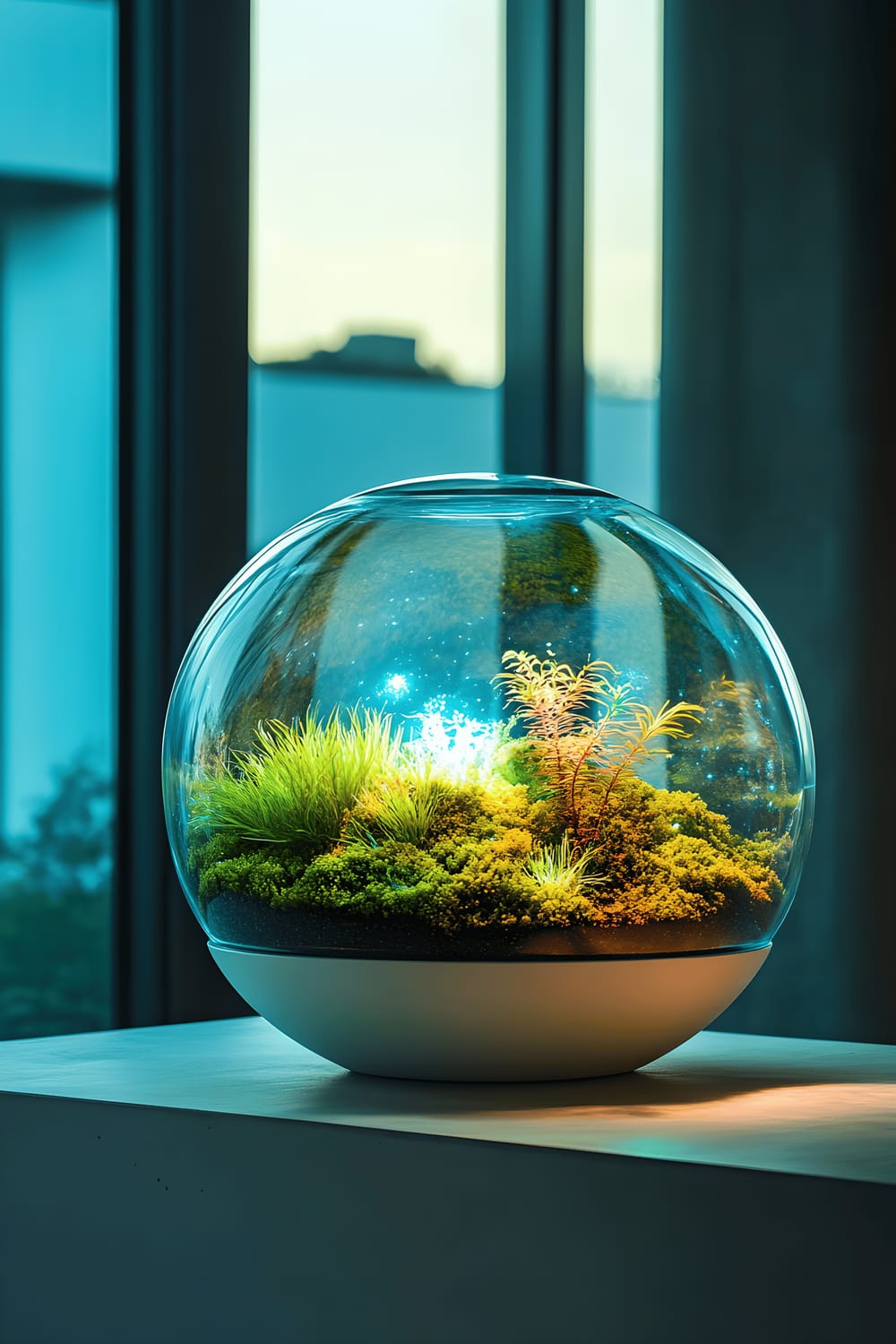 A Scandanavian-inspired room featuring a spherical terrarium with bioluminescent algae as its centerpiece on a stark white concrete table. The glowing terrarium projects a mesmerizing blue-green light, surrounded by delicate moss and air plants. Behind the table are large windows revealing an urban garden with verdant foliage.