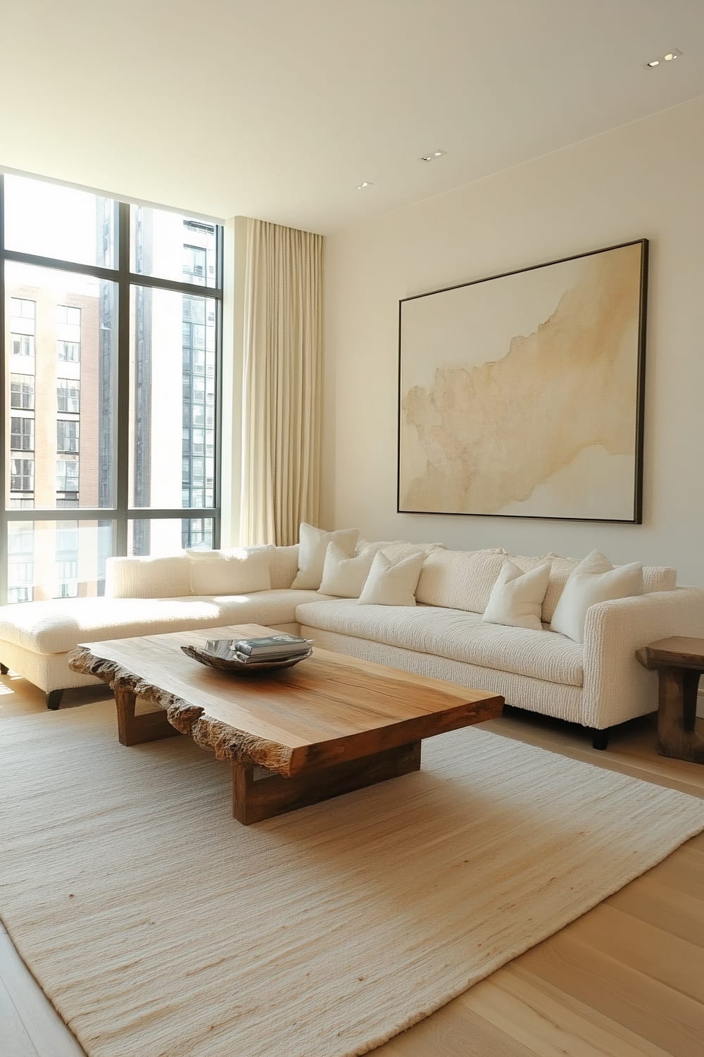 A minimalist living room with light wood flooring, a cream bouclé upholstered sofa, a wooden coffee table with a natural edge, and a large abstract art piece on the wall. A plush area rug lies beneath the coffee table. Large windows with light curtains allow natural light to flood the space.