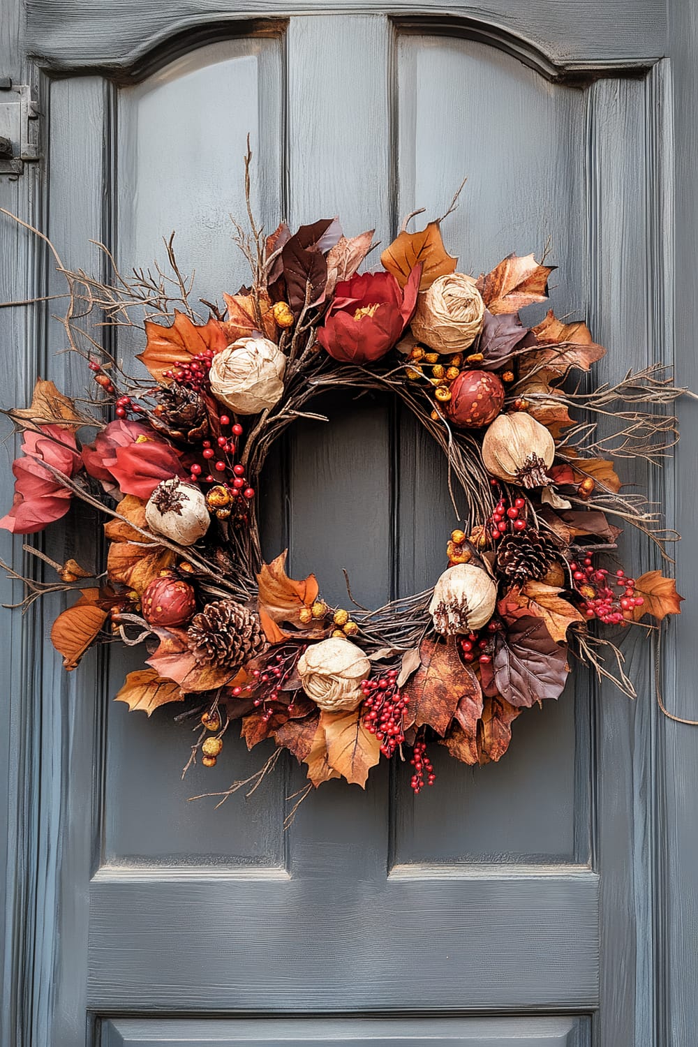 A beautifully crafted autumn wreath adorns a dark gray wooden door. The wreath is made of twigs and embellished with a variety of fall-themed decorations, including vibrant orange and red leaves, pinecones, yellow berries, and artificial pumpkins and pomegranates. The rich colors and natural elements create a warm and festive appearance, perfect for the fall season.