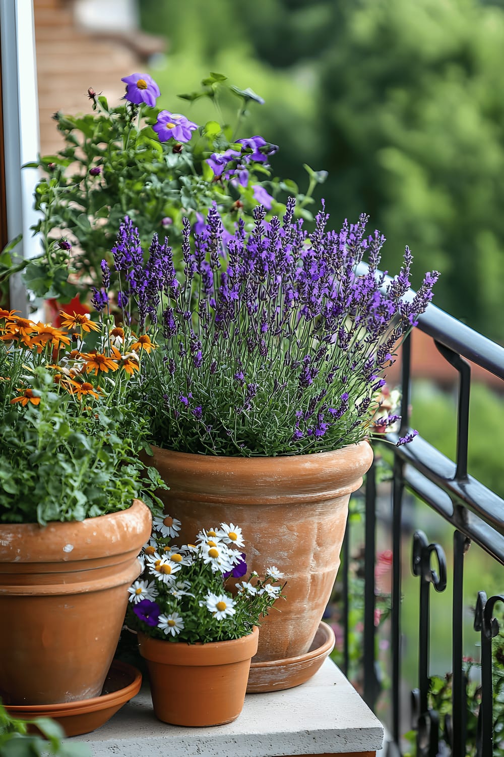 A charming, thoughtfully planned balcony garden. It features an assortment of ceramic, terracotta, and wicker planters housing diverse plants such as lavender, daisies, and cherry tomatoes. The whole scene demonstrates a great fusion of lush greenery and utility within limited space.