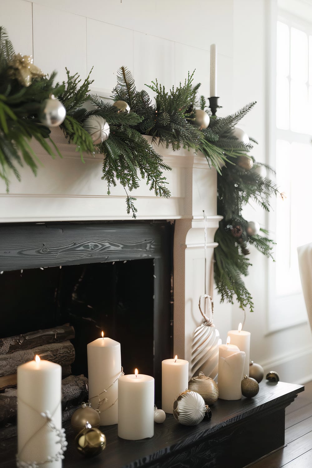 A fireplace decorated for the holiday season. Greenery garlands adorned with silver and gold ornaments are draped over the white mantel. The fireplace itself is dark, with unlit logs inside. In front of the fireplace, there are a variety of lit white candles of different heights along with gold and silver baubles placed decoratively around them.