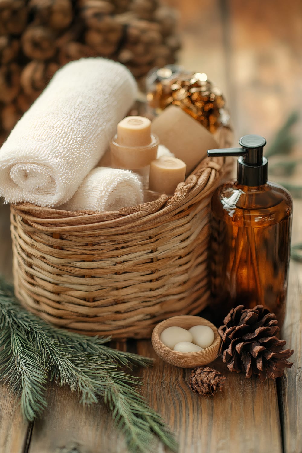 A rustic arrangement featuring a woven basket containing rolled white towels and small cylindrical bottles, set alongside an amber glass pump bottle on a wooden surface. Pinecones, evergreens, and small white stones in a wooden bowl add a natural touch.