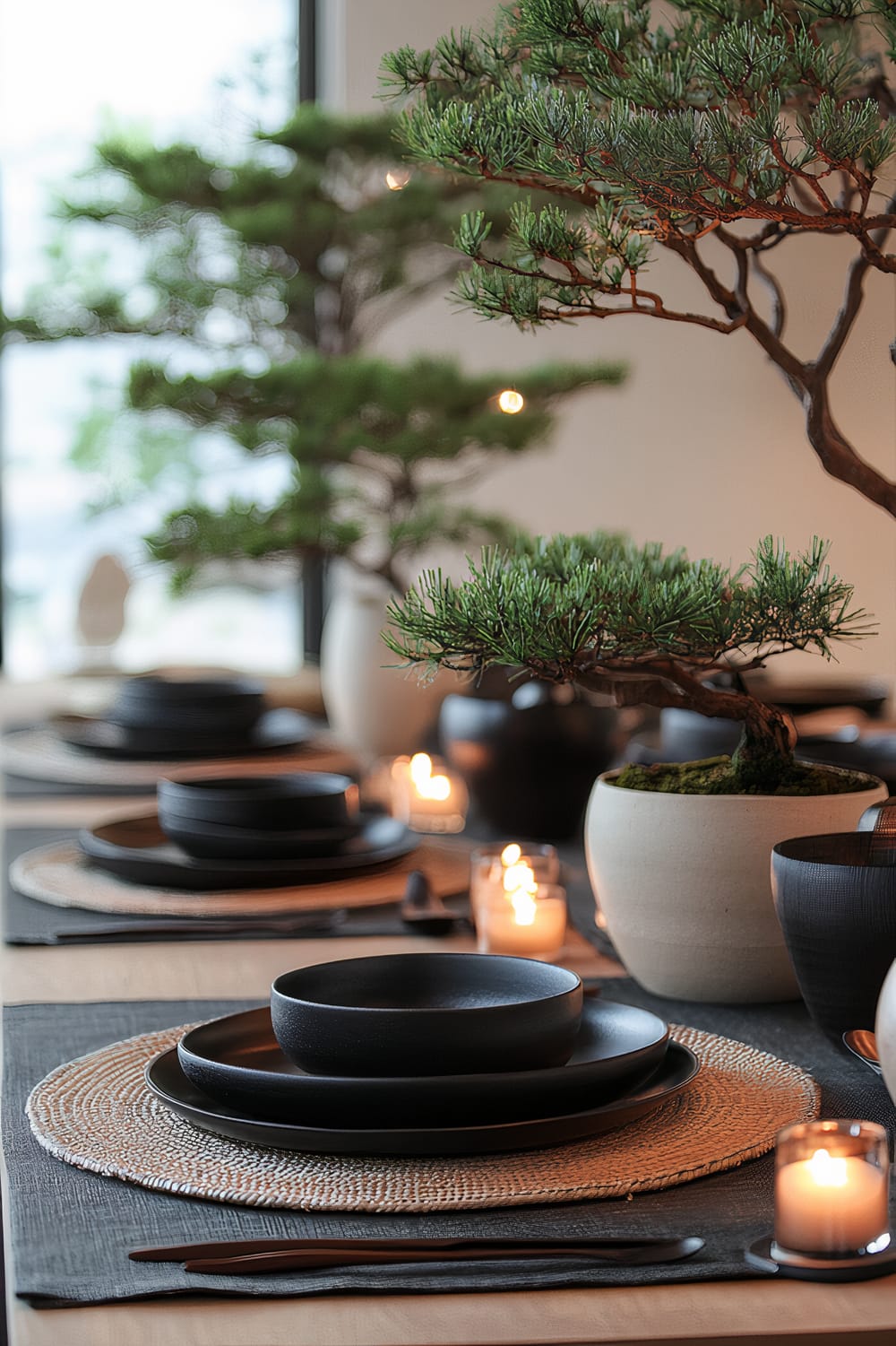 Elegant Japandi-style Thanksgiving table setting featuring sleek black and white ceramics, warm wooden chargers, bonsai trees, and candlelight, creating a serene and balanced atmosphere with bold contrast elements.