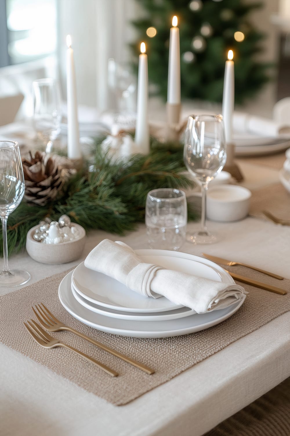 A traditional holiday dining table set with neutral-colored linens, simple white ceramic dinnerware, understated metallic cutlery, and a centerpiece of white candles and greenery. The setting is warmly lit, with a Christmas tree visible in the background.