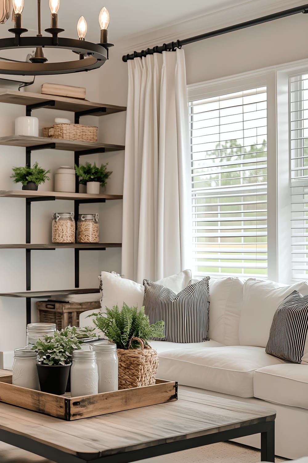 A small living room environment blending modern farmhouse aesthetics with striking contrasts. The space features a white slipcovered couch accentuated with black striped throw pillows, coupled with a coffee table made from reclaimed wood. Black metal-framed shelves hold decor items including vintage mason jars and ceramic pieces. A large farmhouse-style window dressed with black shutters allows ample amounts of natural light to permeate the room, while a black metal chandelier hangs above, adding an air of sophistication to the room.