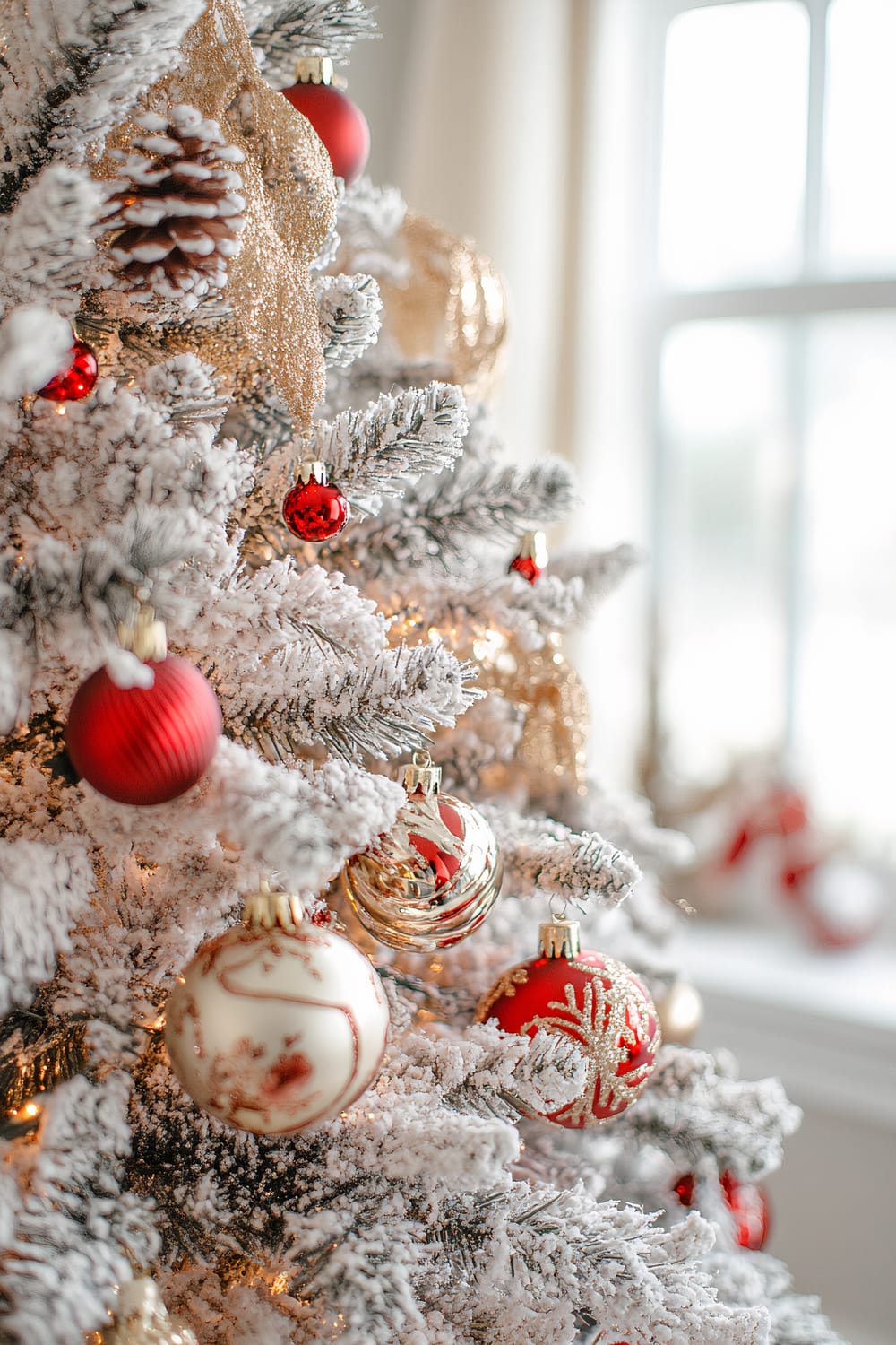 A close-up image of a decorated Christmas tree showing frosted branches adorned with red, white, and gold ornaments. The ornaments consist of classic red baubles, gold and white baubles with intricate patterns, and pine cones. There is also a long, golden ribbon intricately woven through the branches. In the background, there are glimpses of a bright window and soft, creamy drapes, which enhance the festive, wintery atmosphere.