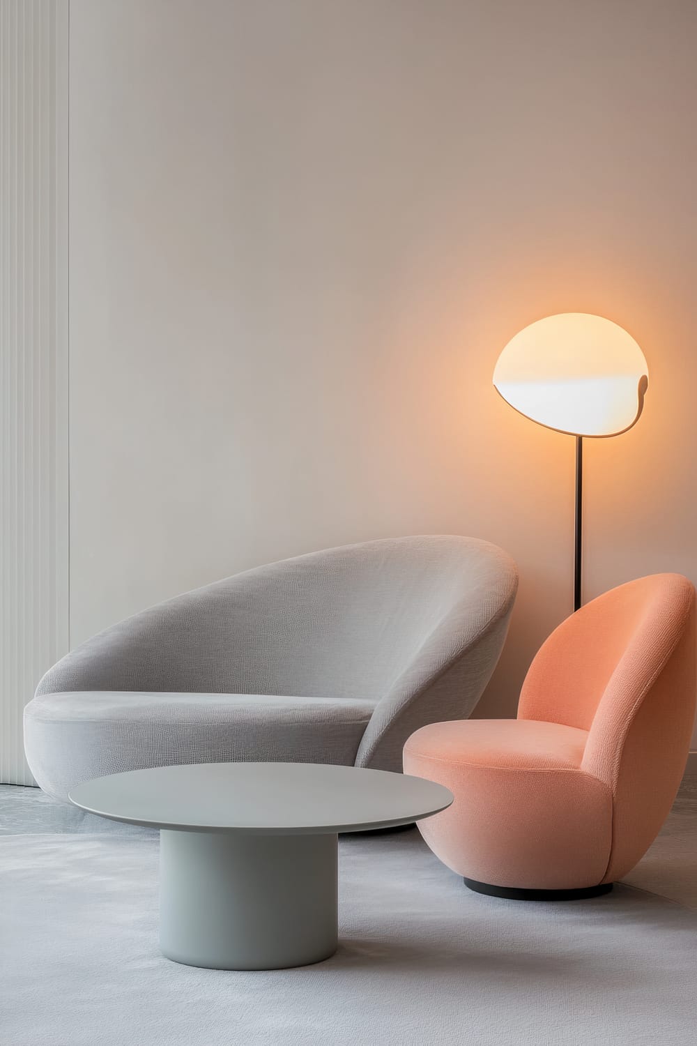 A contemporary living room featuring a curved gray sofa and a pastel-colored, crescent-shaped armchair. Between them is a sleek, round coffee table. A stylish floor lamp with a modern, abstract design emits soft light, creating a warm ambiance. The background displays a simple, light-colored wall with a minimalistic appearance.