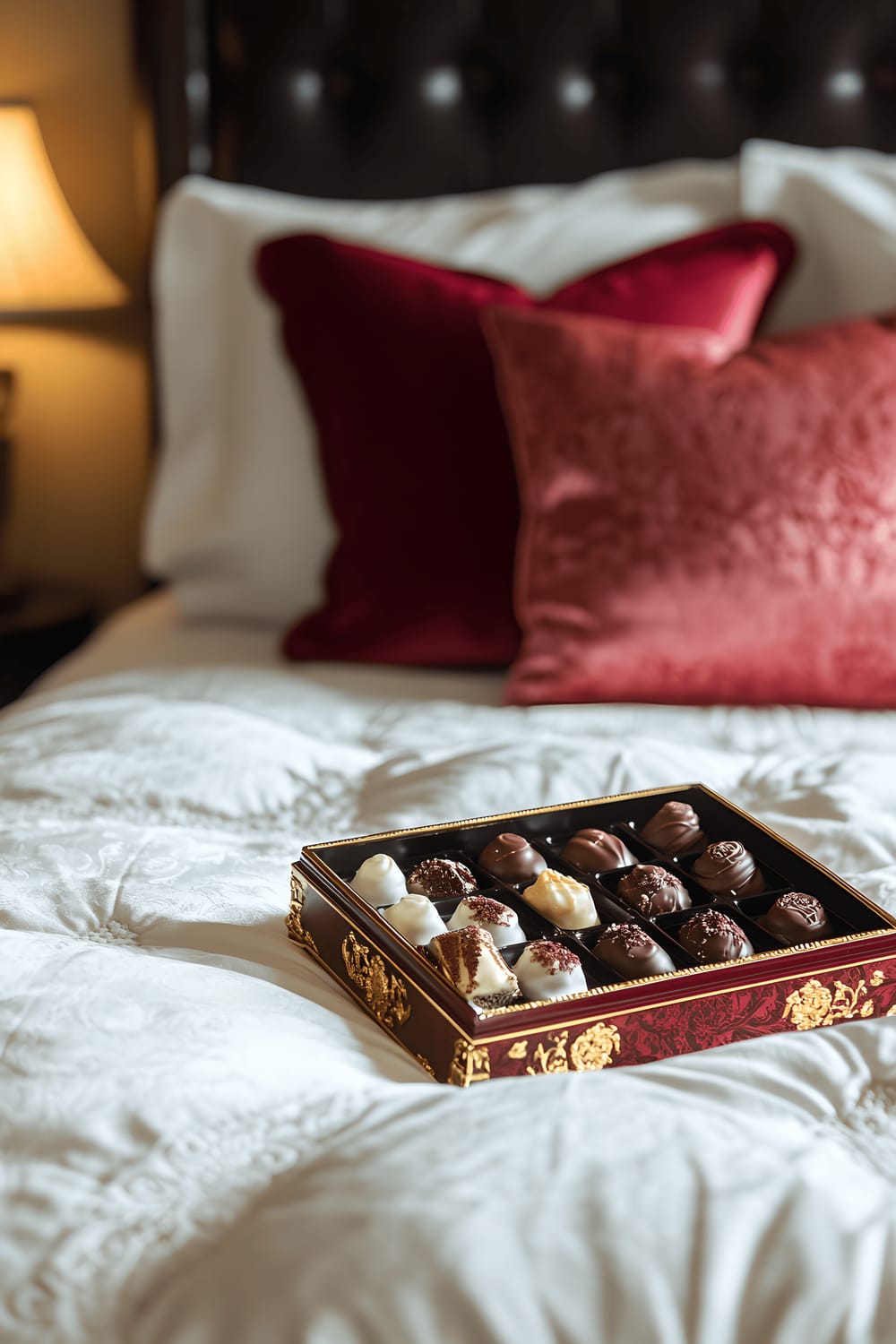 A perfectly made king-sized bed adorned with a pristine white duvet and multiple plush pillows in various shades of red and pink. In the middle of the bed sits an opulent box of luxury chocolates with gold trim, partially opened to showcase an assortment of luscious treats. A nearby lamp provides soft, ambient light that illuminates the chocolates, casting an inviting glow that offsets the serene backdrop of the bed and emphasizes the vibrant colors of the chocolates.