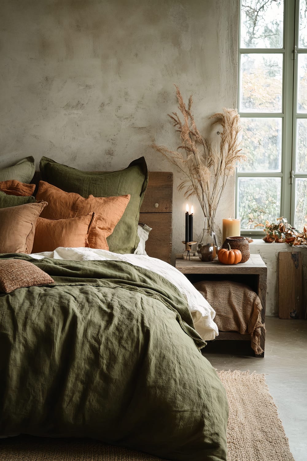 An inviting bedroom features a bed with olive green and orange linen bedding, accompanied by a variety of pillows. Next to the bed, a rustic wooden nightstand holds two black candles in brass holders, a lit orange candle, an amber glass vase with dried pampas grass, a small woven basket, and a decorative pumpkin. The wall has a textured, unfinished look, and a large window with green frames allows natural light to enter, showcasing an outdoor view with autumnal foliage.