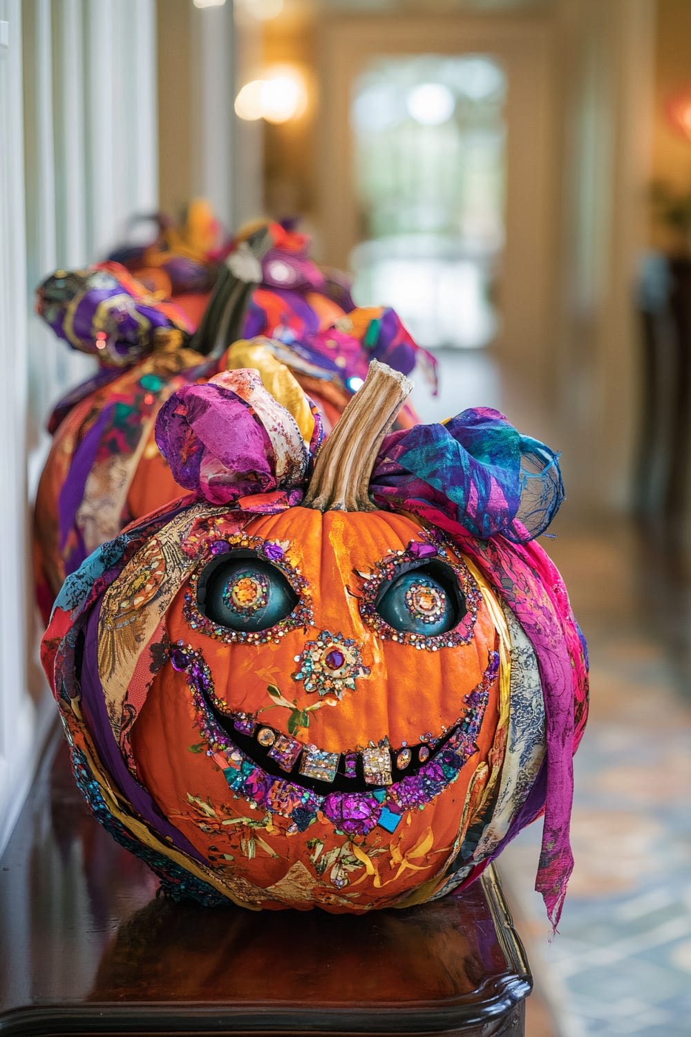 Three intricately decorated pumpkins with bejeweled faces and colorful fabric bows atop a wooden surface in a hallway.