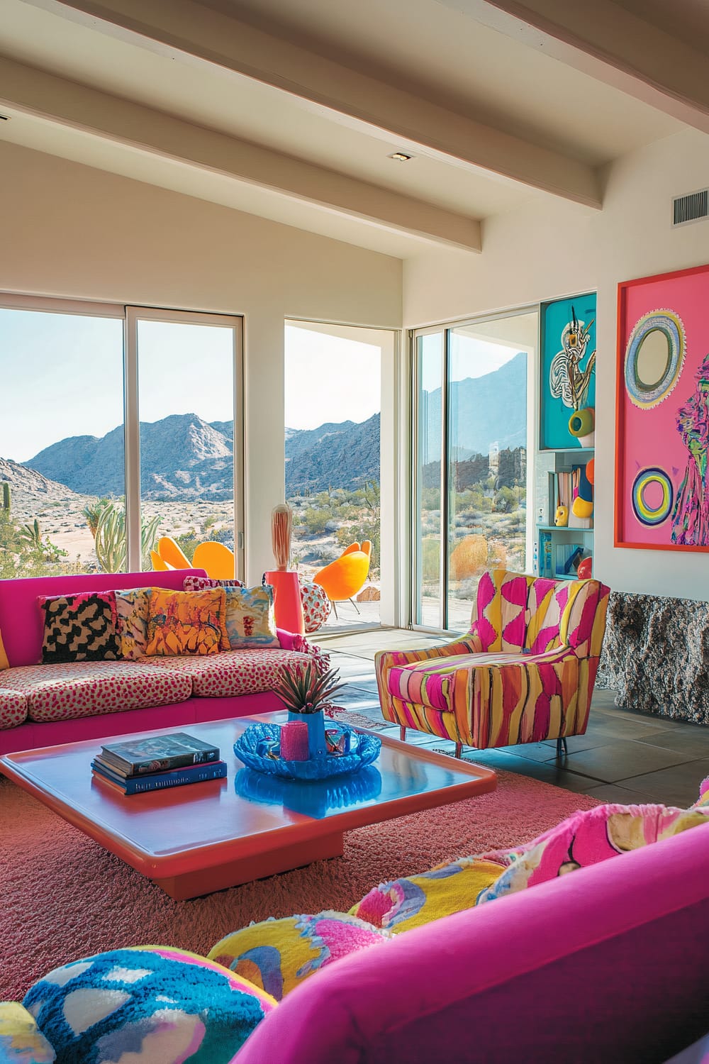 A colorful living room in Yucca Valley, California, characterized by vibrant candy colors and large windows overlooking a desert landscape. The room features bright, patterned sofas and chairs, a bold-colored coffee table, and various colorful and unique decorative items. Soft and even lighting enhances the lively, fun atmosphere.