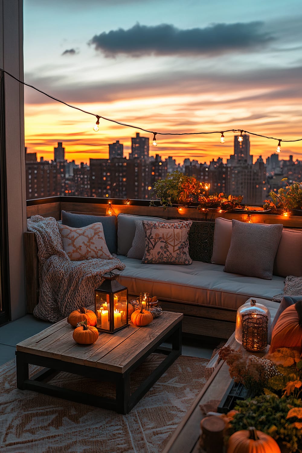 Outdoor seating area on an apartment balcony at sunset, featuring a plush sectional sofa adorned with various patterned pillows, a cozy knit throw blanket, and a rustic wooden coffee table. On the table are pumpkins, candles inside a large lantern, and smaller candles. String lights hang above, adding a warm glow, while the city skyline with high-rise buildings provides a stunning backdrop.