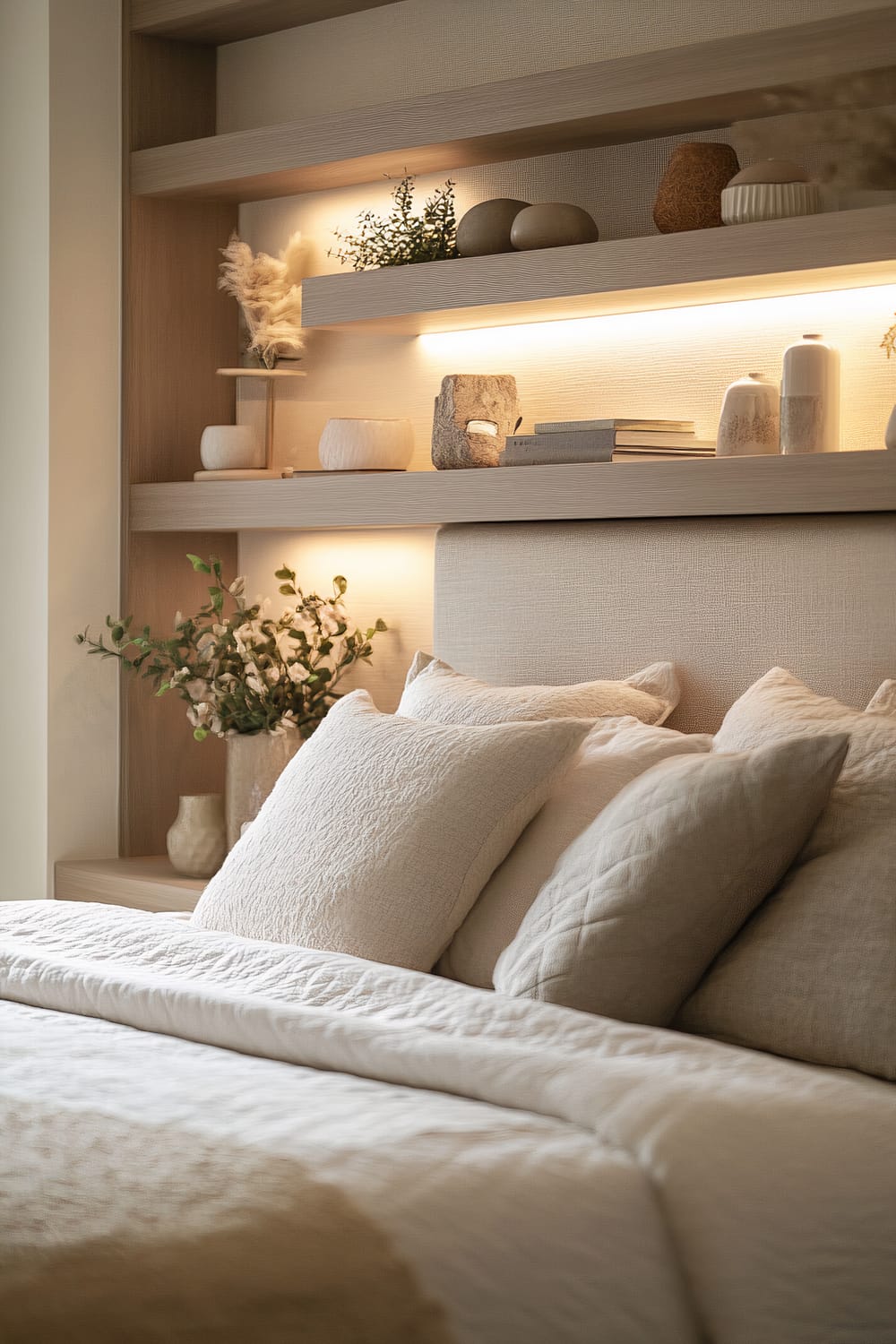 A modern bedroom featuring a custom headboard with built-in floating shelves displaying minimalist decor items. The shelves display a mix of vases, small plants, and books, all under soft ambient lighting. The bed is dressed in neutral-colored linens and pillows, maintaining a clean and uncluttered look.