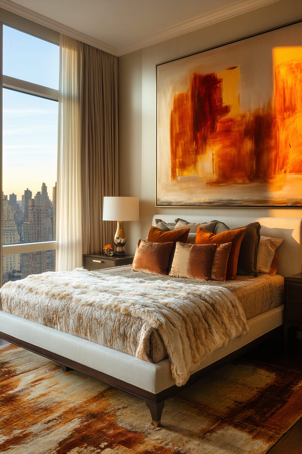 An elegant bedroom featuring a large bed with a plush, fur-like throw and velvet pillows in warm, earthy tones. Behind the bed hangs an abstract painting with vibrant orange and red hues. A lamp with a white shade sits on a dark wooden bedside table. Floor-to-ceiling windows offer a panoramic view of city skyscrapers at sunset. Beige curtains frame the window, and a matching rug with similar tones covers the floor.