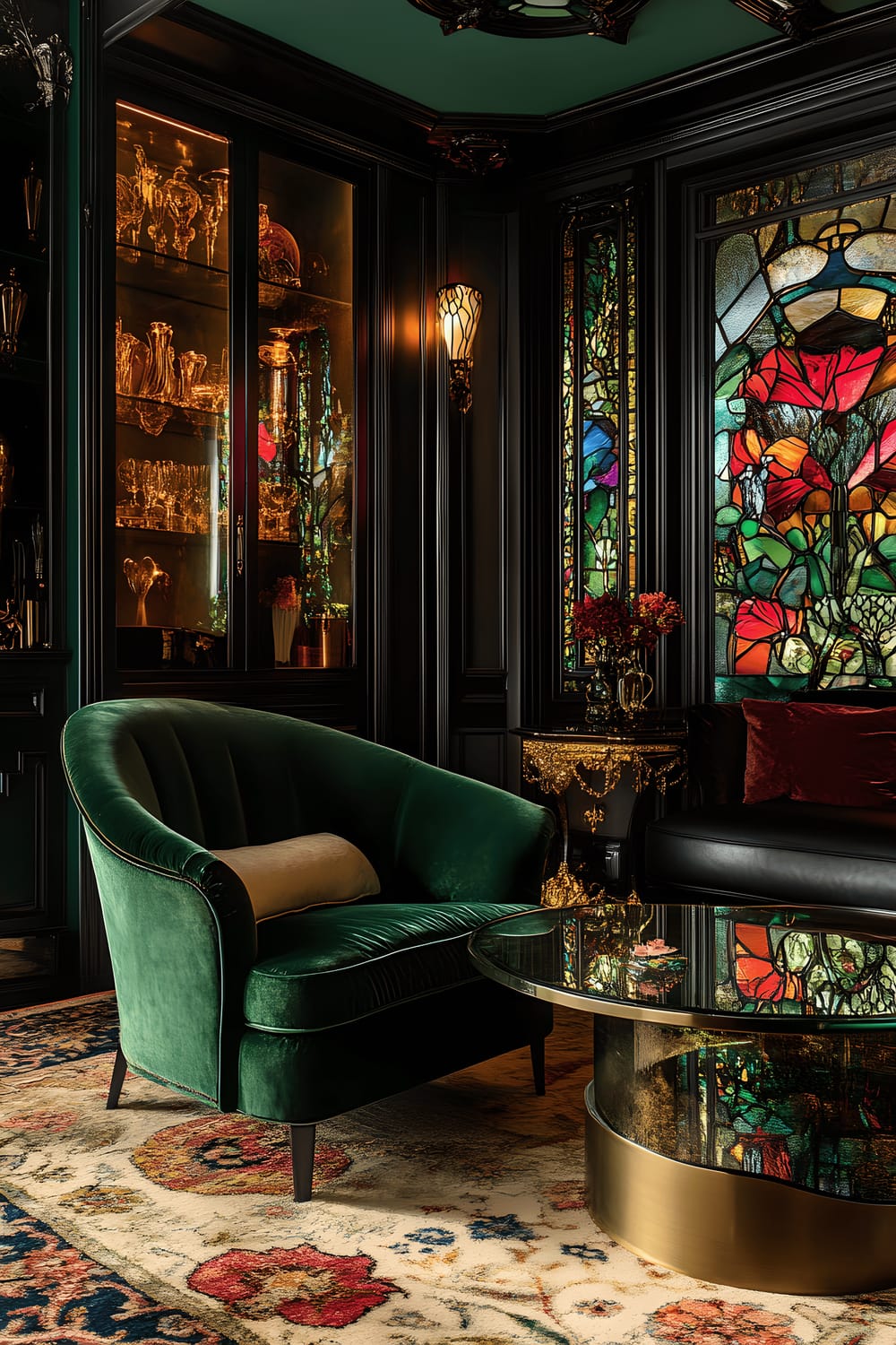 An elegant Art Nouveau styled lounge, showcasing a deep emerald green velvet armchair, an ornate glass coffee table with gold accents, and a couple of stained glass lamps lending colorful shades to the surroundings. The room is marked by intricate floral motifs, flowing organic lines, and luxurious materials in rich muted tones, mirroring an aesthetic of sophistication and artistic flair.