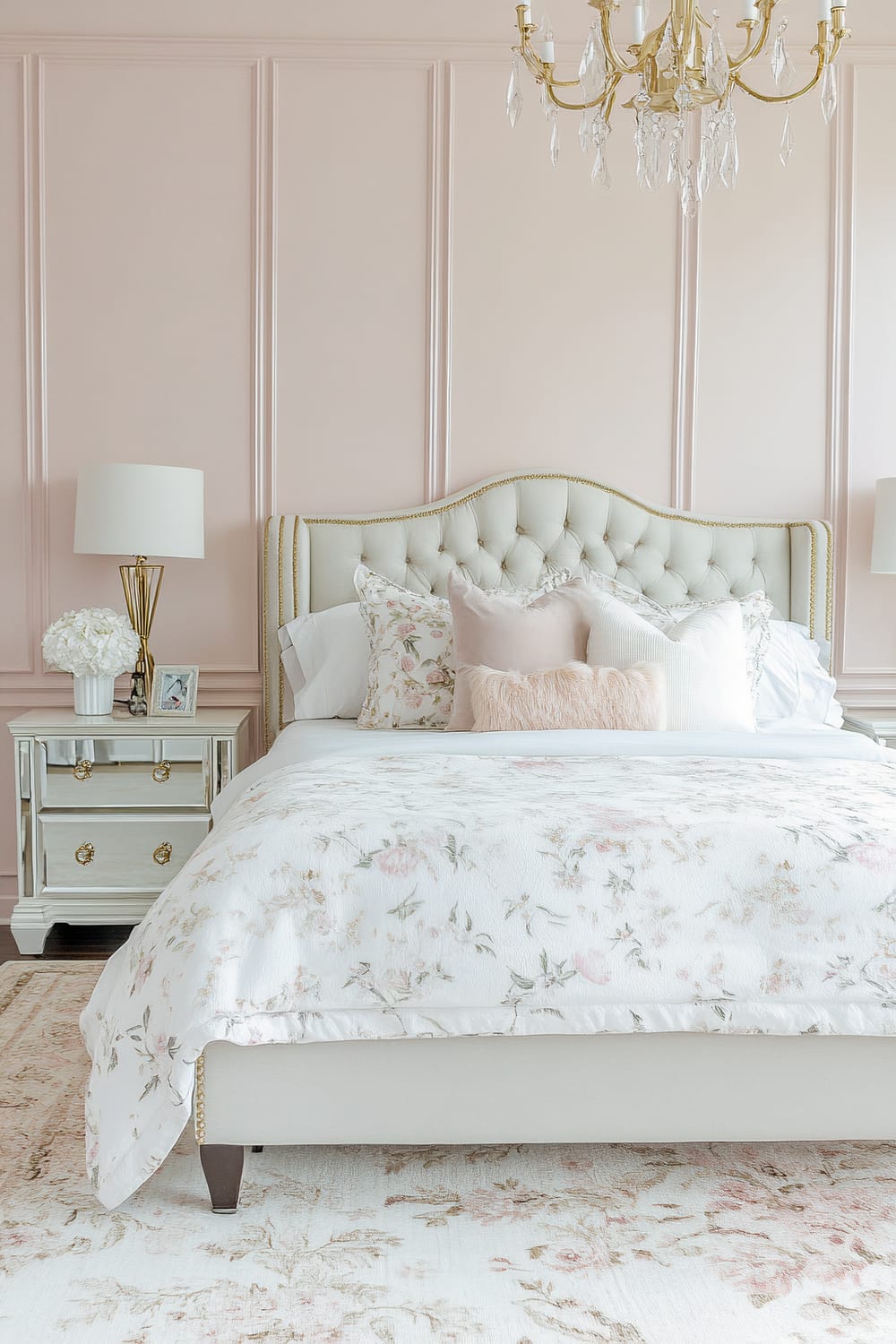 An elegant and feminine bedroom with a soft pink color palette. The room features a bed with a tufted headboard in light beige, adorned with multiple decorative pillows in floral and pale hues. The bedding includes a floral-patterned blanket. On either side of the bed, two mirrored nightstands with gold-toned knobs hold table lamps with white shades and decorative items like a white flower vase and a framed photo. A luxurious gold chandelier with crystal pendants hangs from the ceiling above the bed.