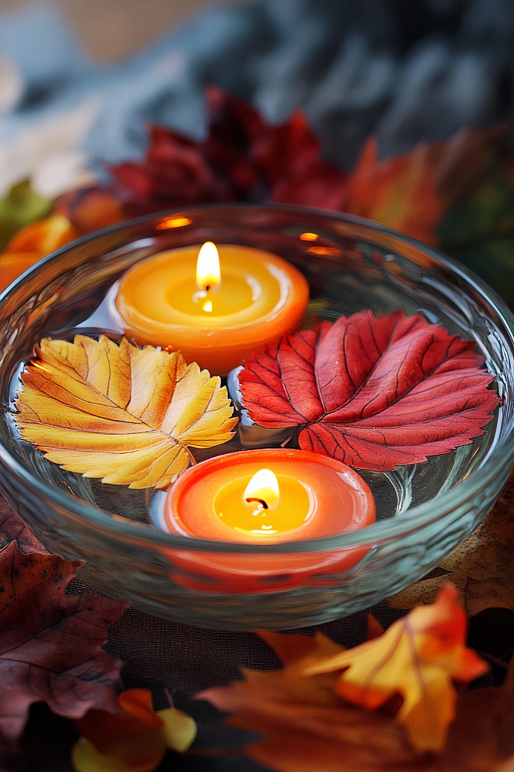 A glass bowl filled with water contains two floating orange candles and two artificial leaves in autumn colors, one yellow and one red. The bowl is surrounded by more artificial autumn leaves in various shades of orange, yellow, and red.