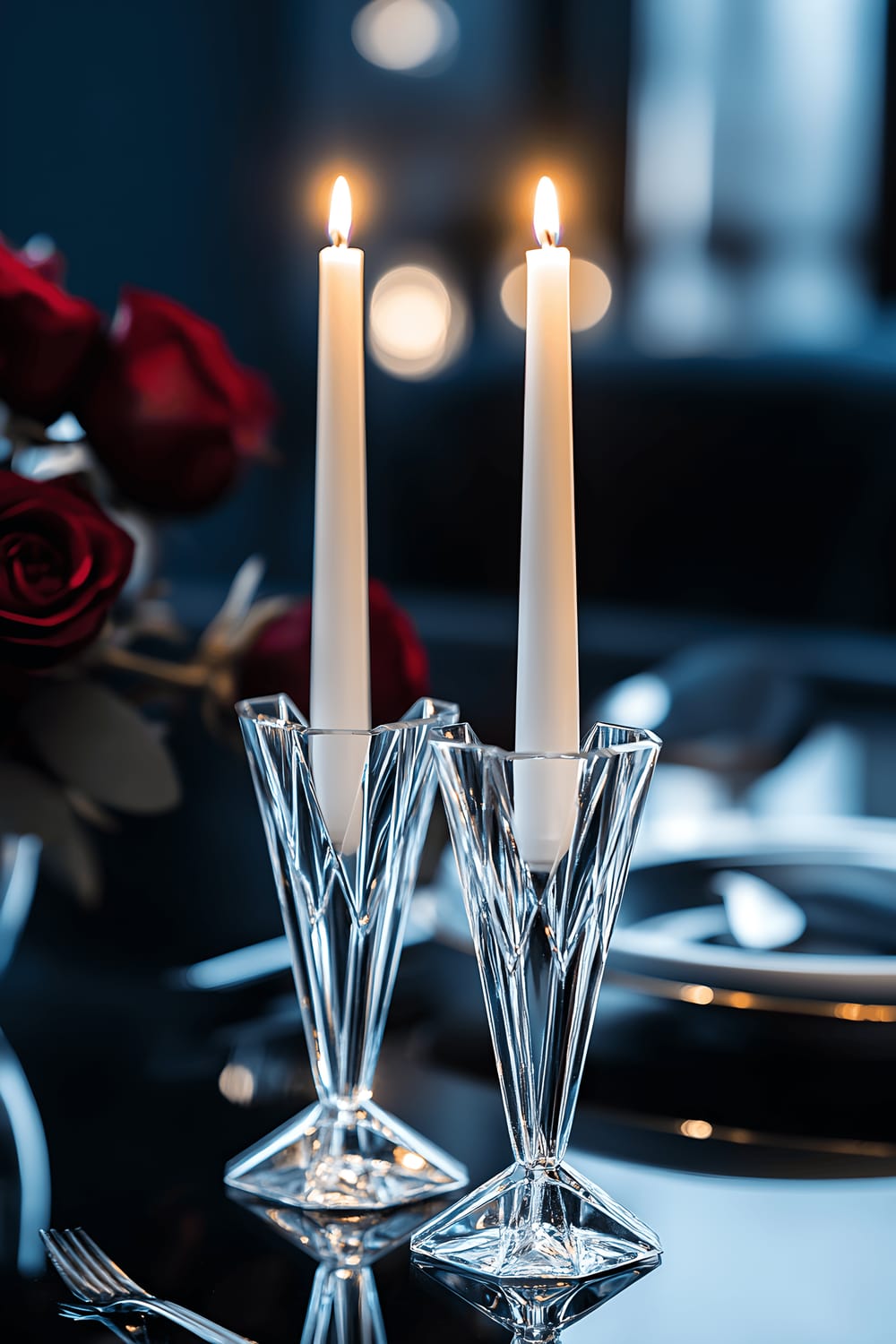 An elegant dining room scene highlighting a chic black dining table in a New York Penthouse. The table features a centerpiece of two geometric Art Deco crystal candle holders each holding tall taper candles. The warm overhead light casts a glow on the table and creates shimmering reflections on the crystal candle holders. The room is characterized by deep navy blue walls adorned with modern artwork, with a reddish tinge from the glow of the candles. A solitary sprig of red roses adds a touch of color to the scene.