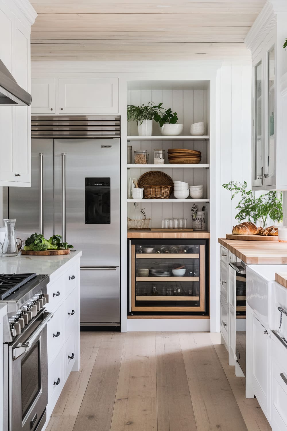 A contemporary kitchen features sleek white cabinetry, stainless steel appliances, and a blend of open shelving and glass-paneled cupboards. The refrigerator, with its double doors, integrates seamlessly with the white backdrop. Wooden butcher block countertops adorn the kitchen island and surrounding counters, adding warmth to the space. Potted plants and kitchen essentials like bowls and jars are neatly arranged on the shelves, creating a well-organized and inviting atmosphere.