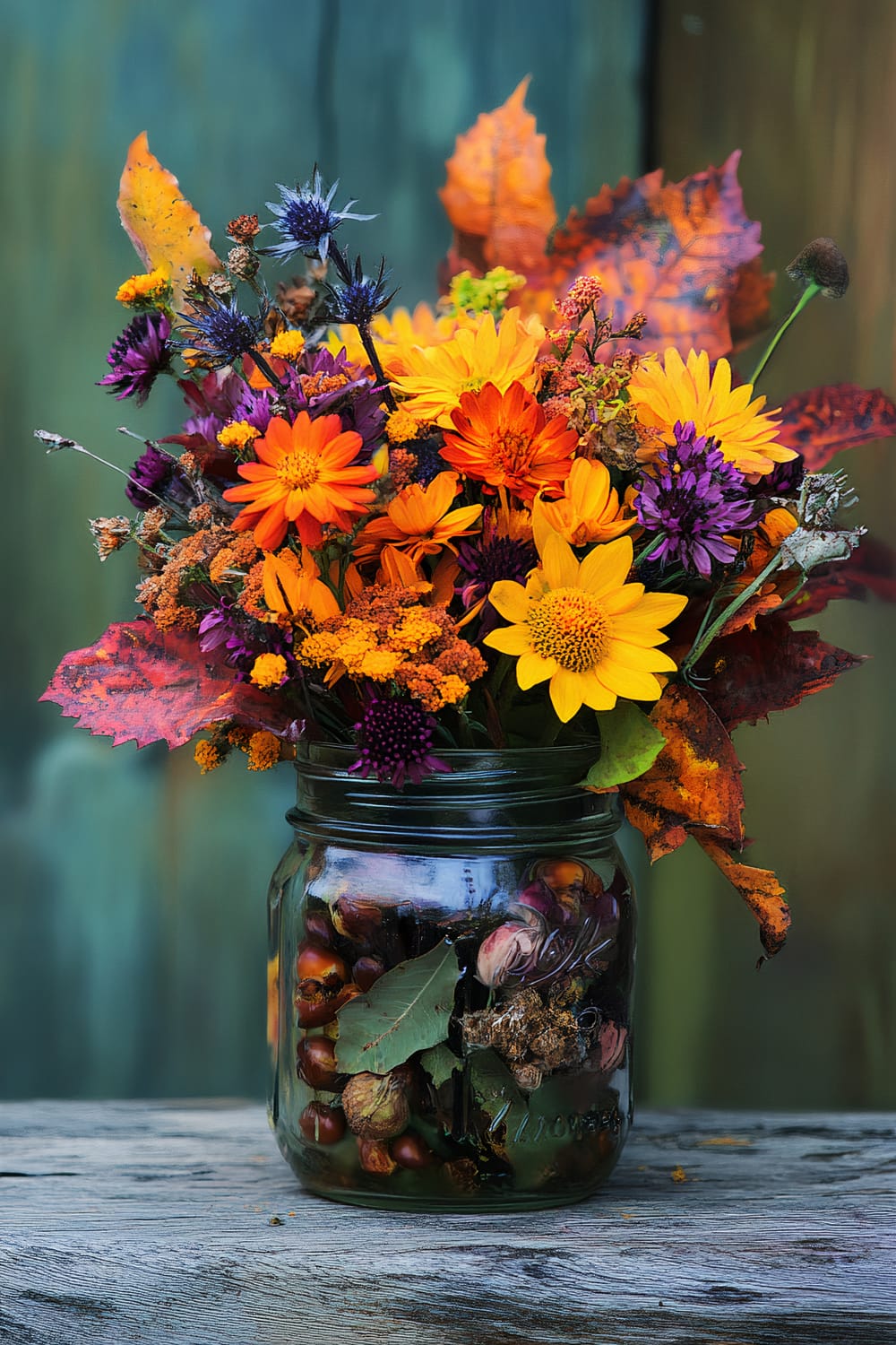 An assortment of vibrant autumn flowers arranged in a clear mason jar. The bouquet features orange marigolds, yellow daisies, and purple asters, along with dried foliage and thistles. The jar is filled with acorns, dried leaves, and other small natural elements, sitting on a worn wooden surface against a backdrop of blurred, earthy-hued planks. The overall arrangement is rich in fall colors, showcasing the natural beauty of the season.