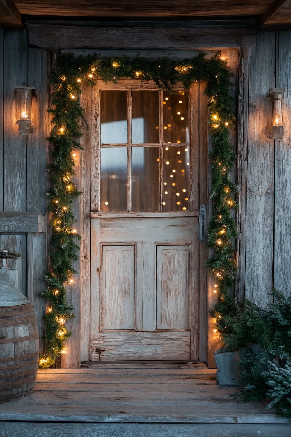 A rustic wooden door adorned with a frame of evergreen garland and warm white Christmas lights. The door, featuring window panes, is surrounded by weathered wood siding and illuminated by two vintage-style lantern sconces. A wooden barrel is situated to the left, and a potted evergreen plant is to the right of the door.