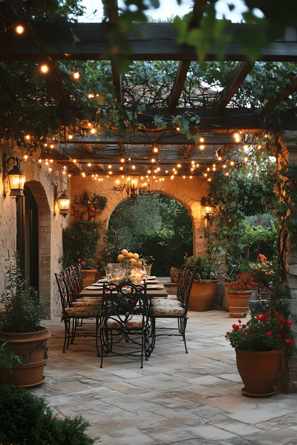 A Tuscan-inspired backyard seating area beneath a stone pergola which is interwoven with grapevines and jasmine. The space consists of a large wrought iron dining table with upholstered chairs in earthy shades. The scene is adorned by terracotta pots filled with colorful geraniums and olive trees, while overhead string lights cast a golden hue on the setting. The overall view is shot diagonally, highlighting the rustic charm and rich textures of the place.