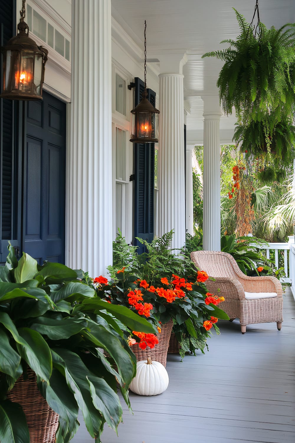 Front porch with white columns, hanging lanterns, wicker chair, and vibrant plants including orange flowers and large green leaves.