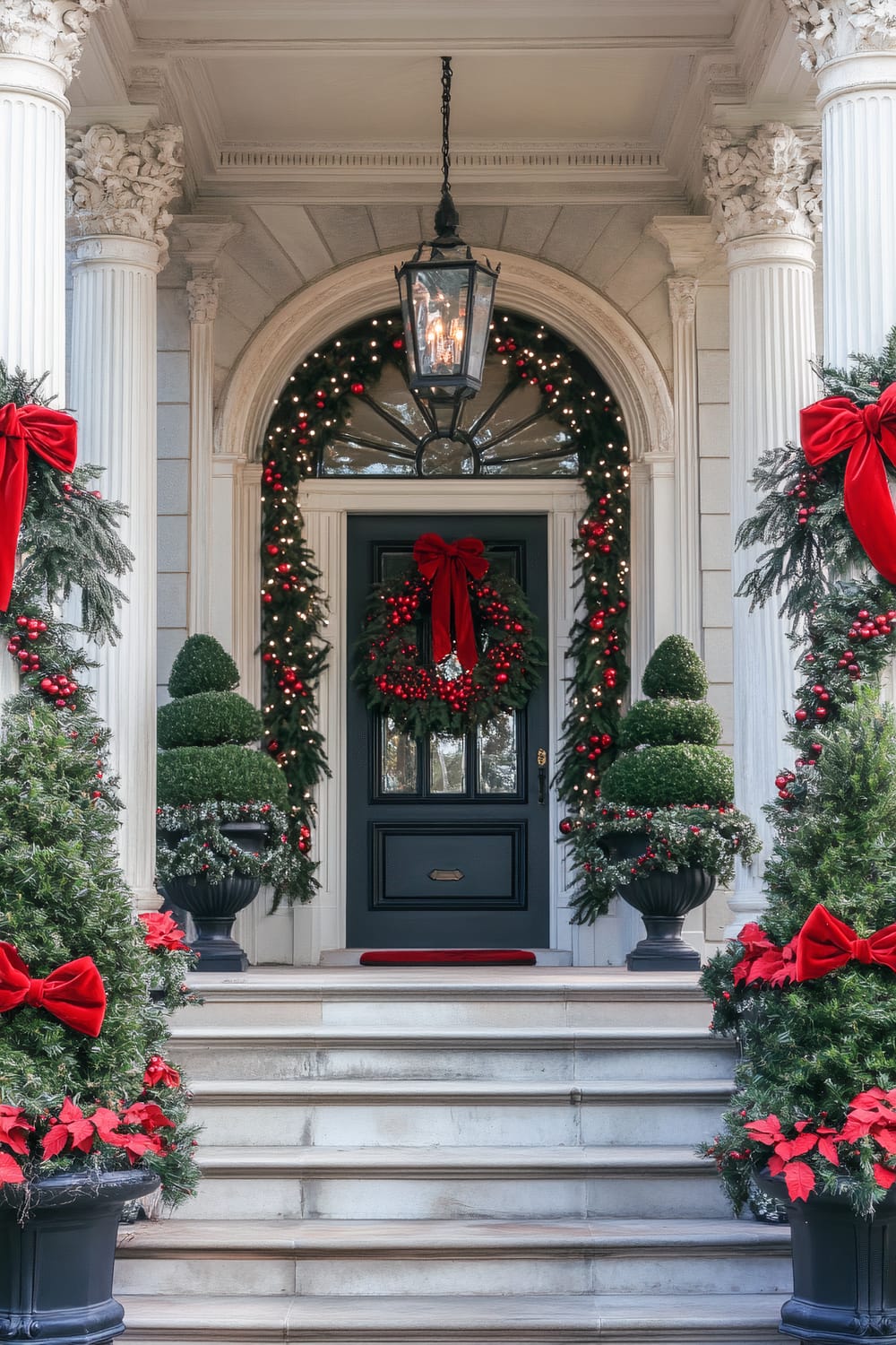 A grand colonial-style front porch decorated for Christmas. The front door is surrounded by lush evergreen garlands, red berries, and pinecones, accented with large red velvet bows. Two tall lanterns with flickering candles are positioned on either side of the stone steps. Classic topiary trees in black urns, wrapped with white lights, flank the entrance. A large traditional wreath with a red ribbon hangs on the door, enhancing the festive atmosphere.