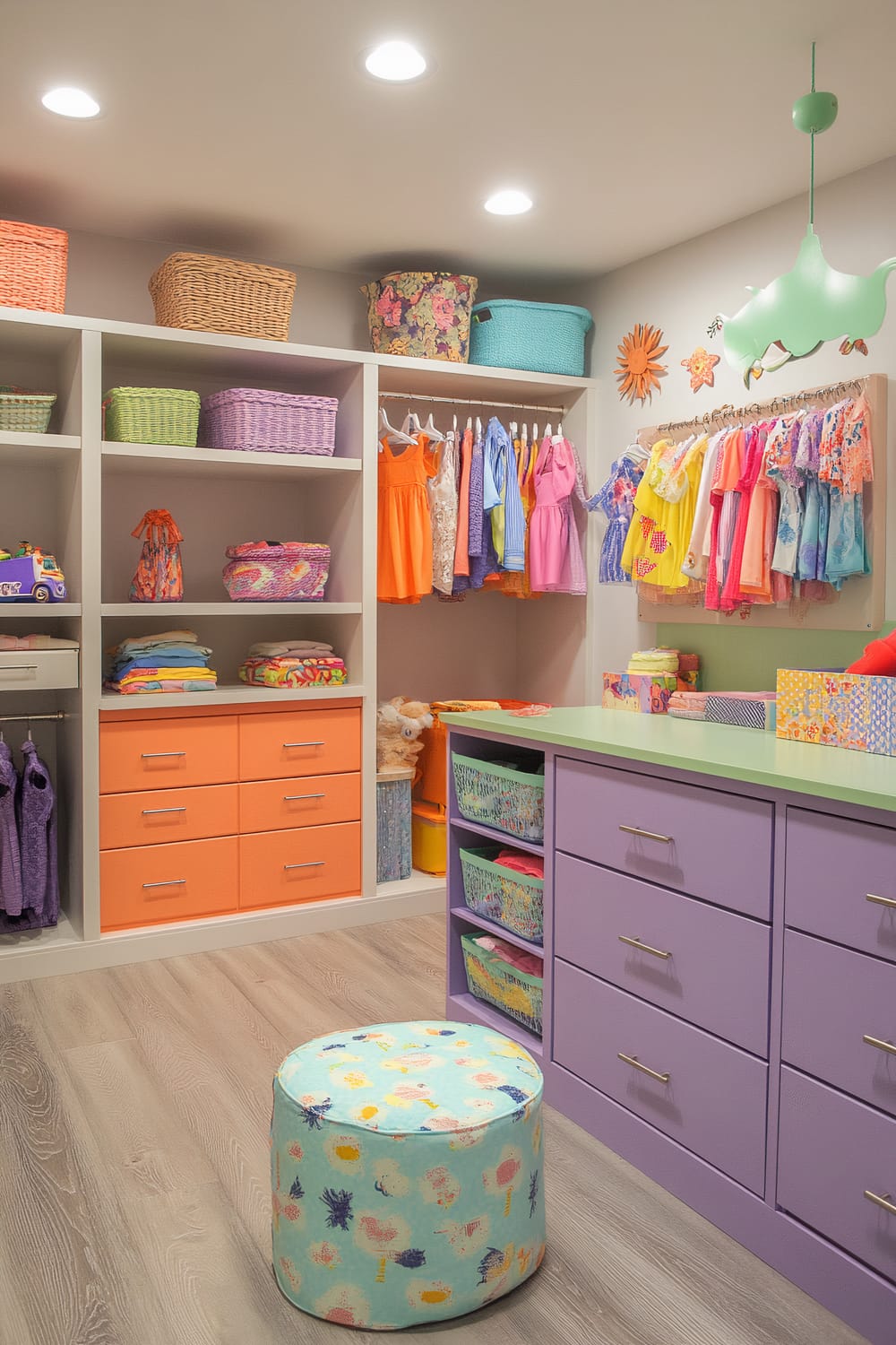 A bright and colorful walk-in closet designed for children, featuring pastel cabinetry, a central island at a lower height, and open shelves with neatly stacked clothing, shoes, and baskets for toys. The island has drawers for storing accessories and is topped with a soft fabric cushion for seating. Playful wall decals and fun patterns on storage bins add whimsy to the space.