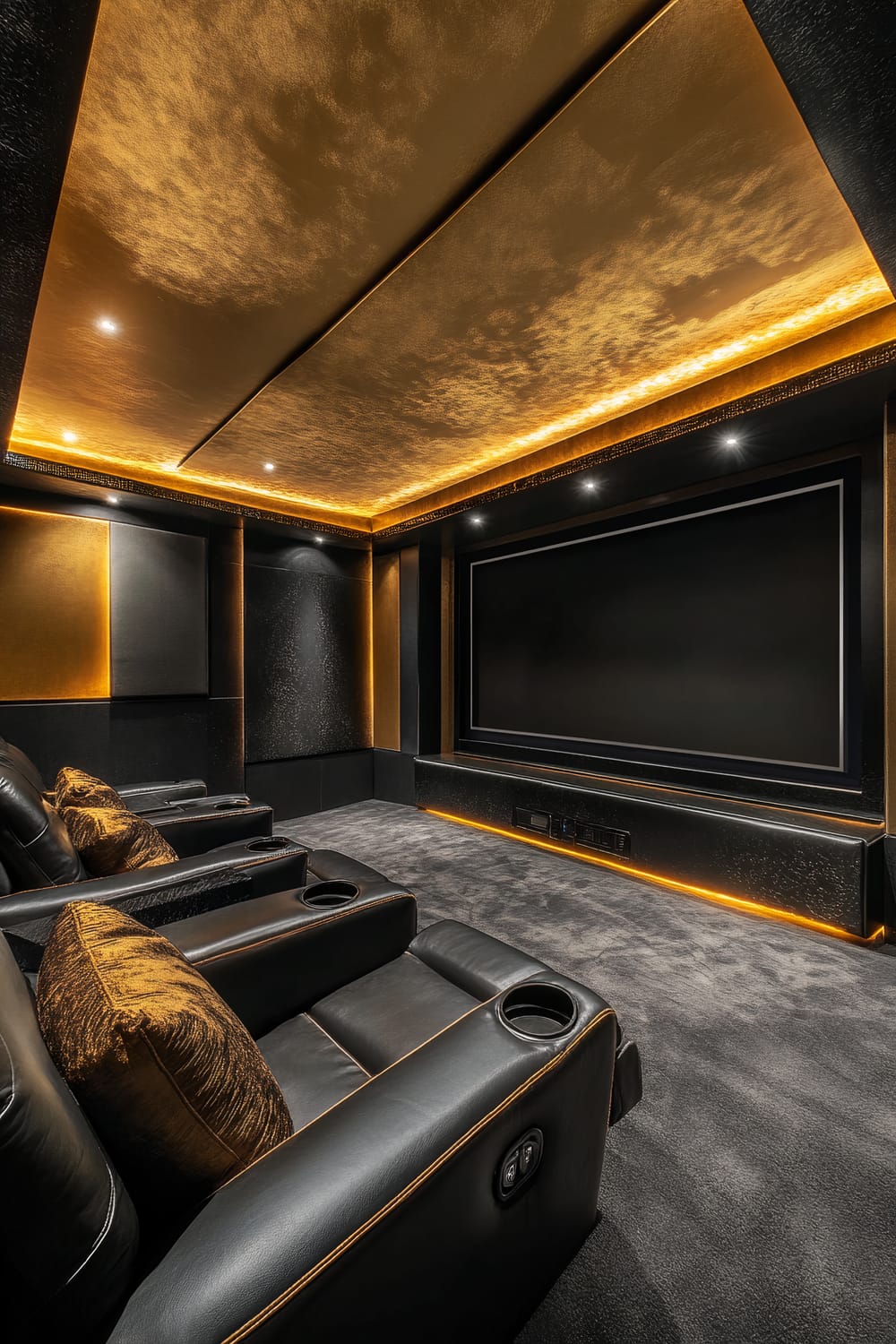 Luxurious home theater room featuring reclining leather chairs with cup holders and plush cushions. The walls and ceiling are adorned with a striking combination of black and gold accents, including golden lighting that outlines various sections. A large, flat screen dominates the front wall, creating an immersive viewing experience.