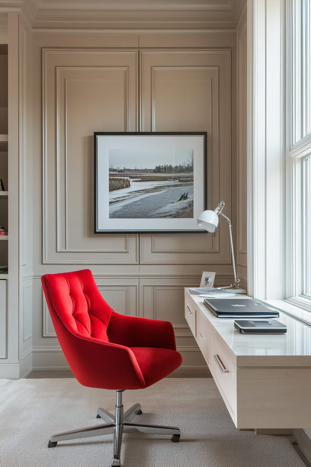 A stylish office space featuring a bold, red swivel chair with tufted upholstery, positioned in front of a beige paneled wall that showcases a framed landscape photograph. Beside it is a light wooden desk against a large window. The desk holds a modern lamp, a small picture frame, a laptop, and other minimal items, creating a clean and organized work environment.