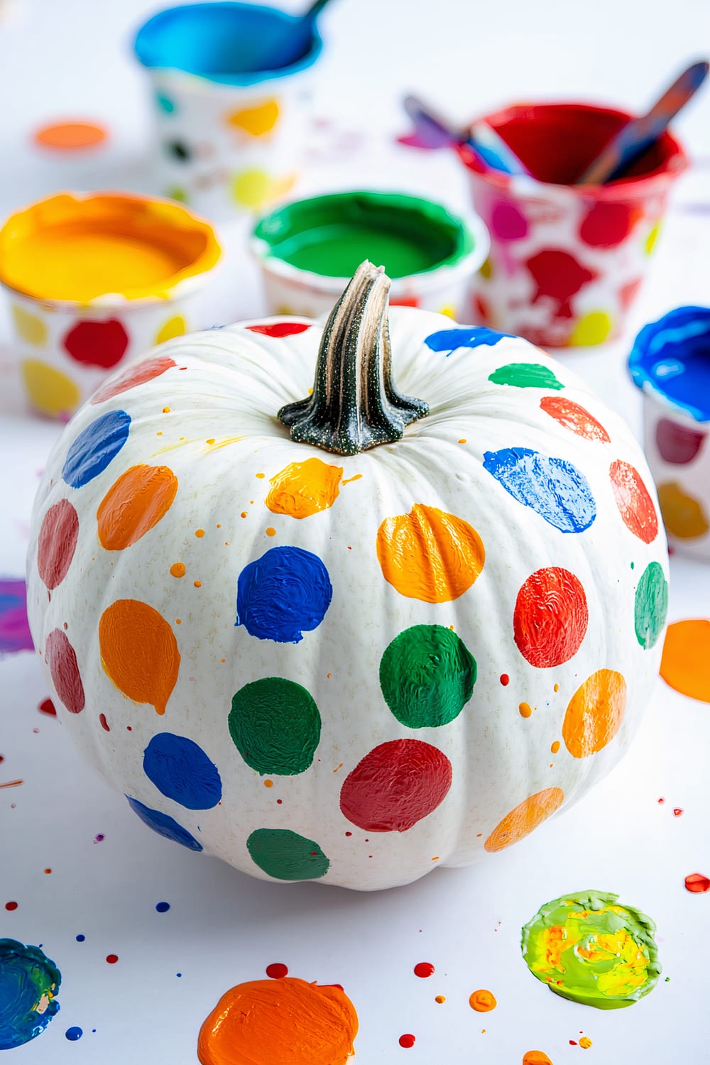 A white pumpkin decorated with brightly colored polka dots in red, blue, yellow, orange, and green is the focal point of the image. Surrounding the pumpkin are small cups filled with vibrant paint colors, some of which have brushes in them. The background is a white surface splattered with various paint colors, creating a lively and playful scene.