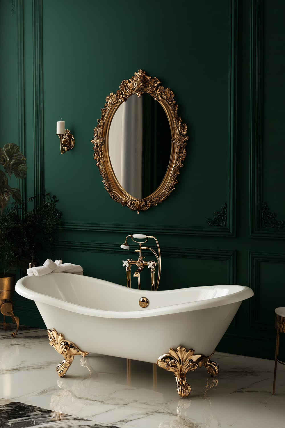 A luxurious bathroom featuring a white, clawfoot bathtub with gold details, resting elegantly on a white and black marble floor. The deep green wall behind the tub is adorned with intricate molding and an ornate, gold-framed oval mirror. On the left, a gold wall sconce holds a white candle, while lush green plants add a refreshing touch to the space.