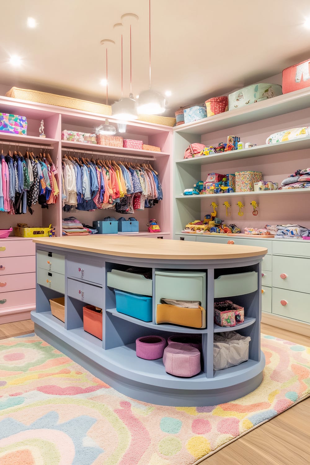 A child-friendly walk-in closet with pastel cabinetry, a central island with colorful drawers, and shelves and hooks filled with children's clothes, shoes, and toys. A rug with bright patterns is on the floor, and the space is lit with warm recessed lighting.