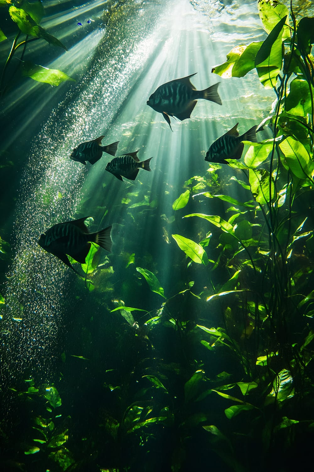 Large aquarium replicating an Amazon River environment, filled with dense greenery like Amazon swords and tall vallisneria. Several angelfish glide through the water, their long fins trailing behind. Dappled lighting mimics sunlight filtering through a rainforest canopy.