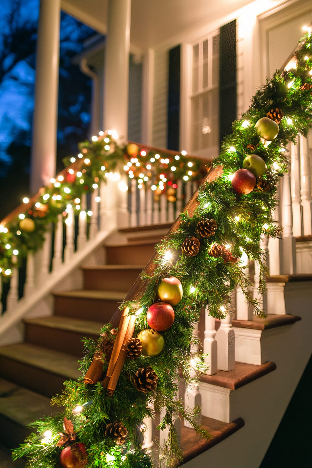 An exterior staircase decorated with festive holiday garlands. The garlands, entwined with white string lights, are adorned with red and green apples, pinecones, and cinnamon sticks. The porch railings and columns are also wrapped with similarly decorated greenery, creating a warm and inviting atmosphere against the backdrop of the evening sky.